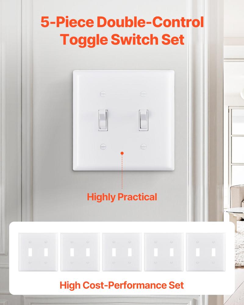 VEVOR Toggle Light Switch Wall Plates, 2-Gang Switch Electrical Outlet Covers, Standard Size 4.61in L x 4.53in H Unbreakable Polycarbonate Thermoplastic Faceplate for Receptacle Outlet&Switch(5 Pack, White)