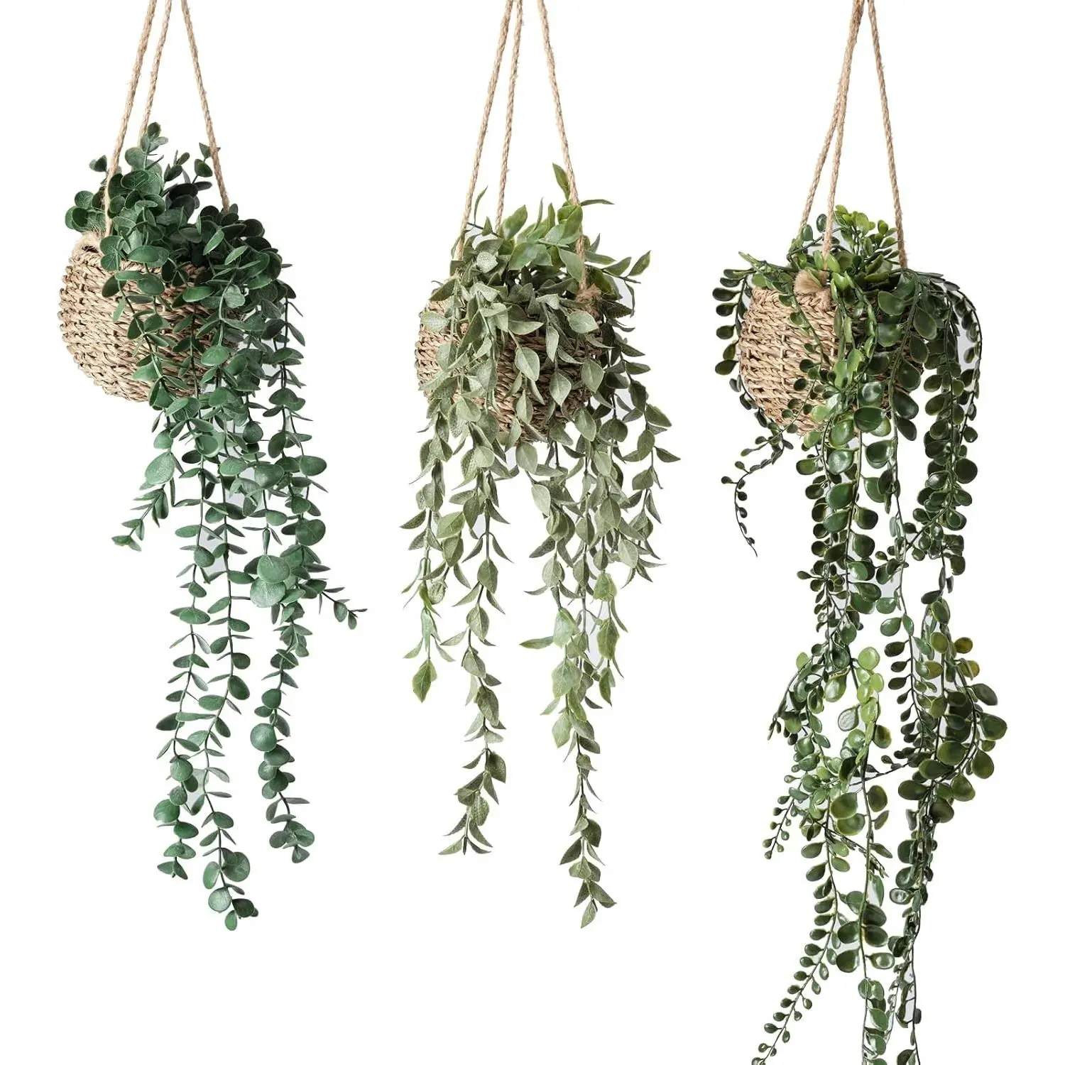 3-Pack Mini Artificial Hanging Decorative Greenery Set, Fake Plants in Baskets for Wall, Living Room, Bathroom Shelf Indoor Home Decor, Pot