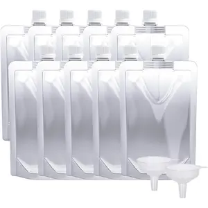 Plastic Pouches - Leak-Proof, Reusable, Flexible Juice Bags, BPA-Free for Travel, Outdoor Sports, Concerts, Events (8OZ - 10PCS + 2 Funnels)