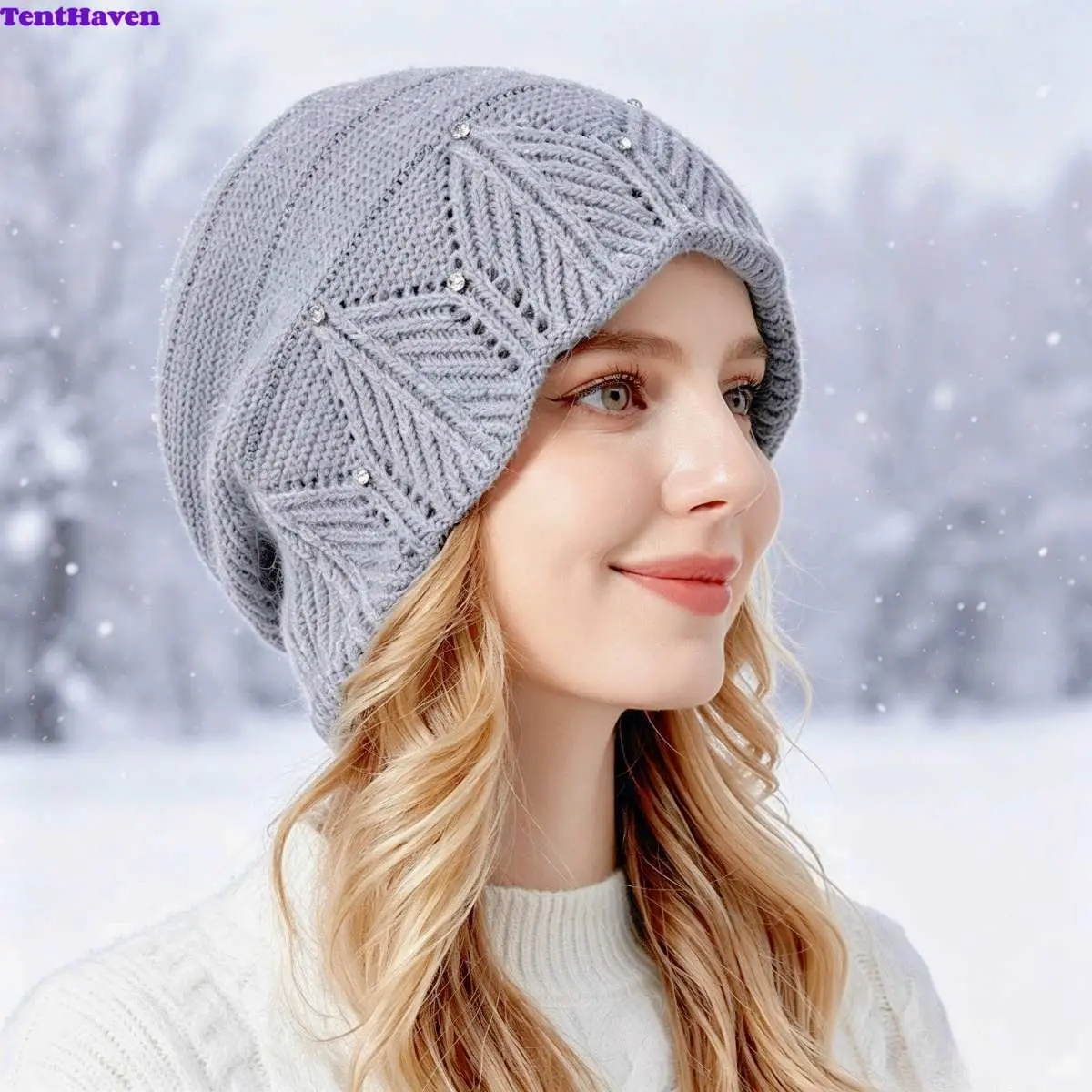 Elegant Rhinestone Hollow Lace Knit Slouchy Hat For Women, Thick Fleece Lined Winter Beanie, Korean Stylish Face Slimming Warm Daily Outdoor Casual Cap