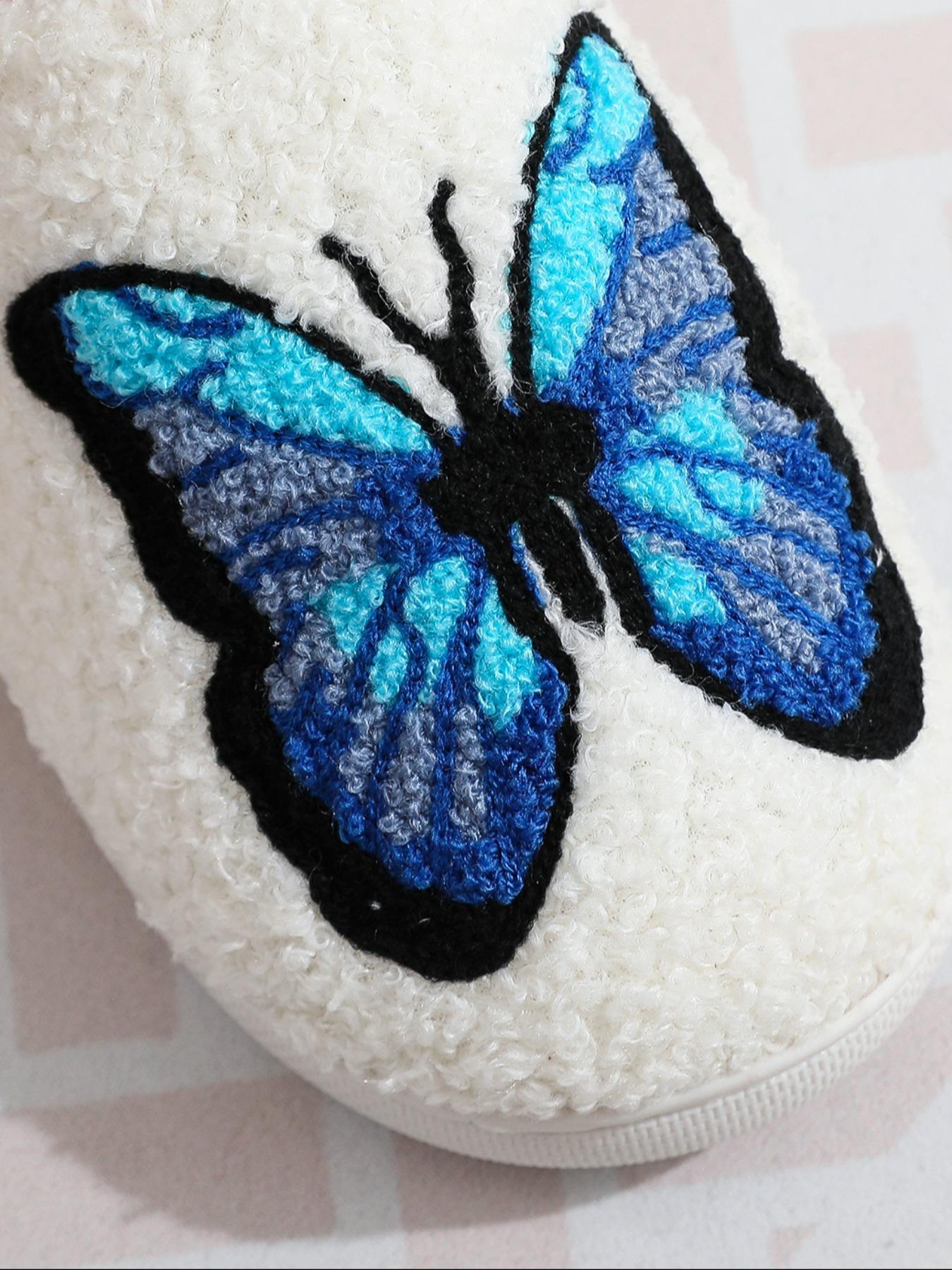 Women's Butterfly Print Plush Slide Slippers, Butterfly Decorated Slides, Butterfly Pattern, Soft Comfy Home Slippers for Summer, Fluffy Bedroom Slippers for Indoor and Outdoor, Footwear