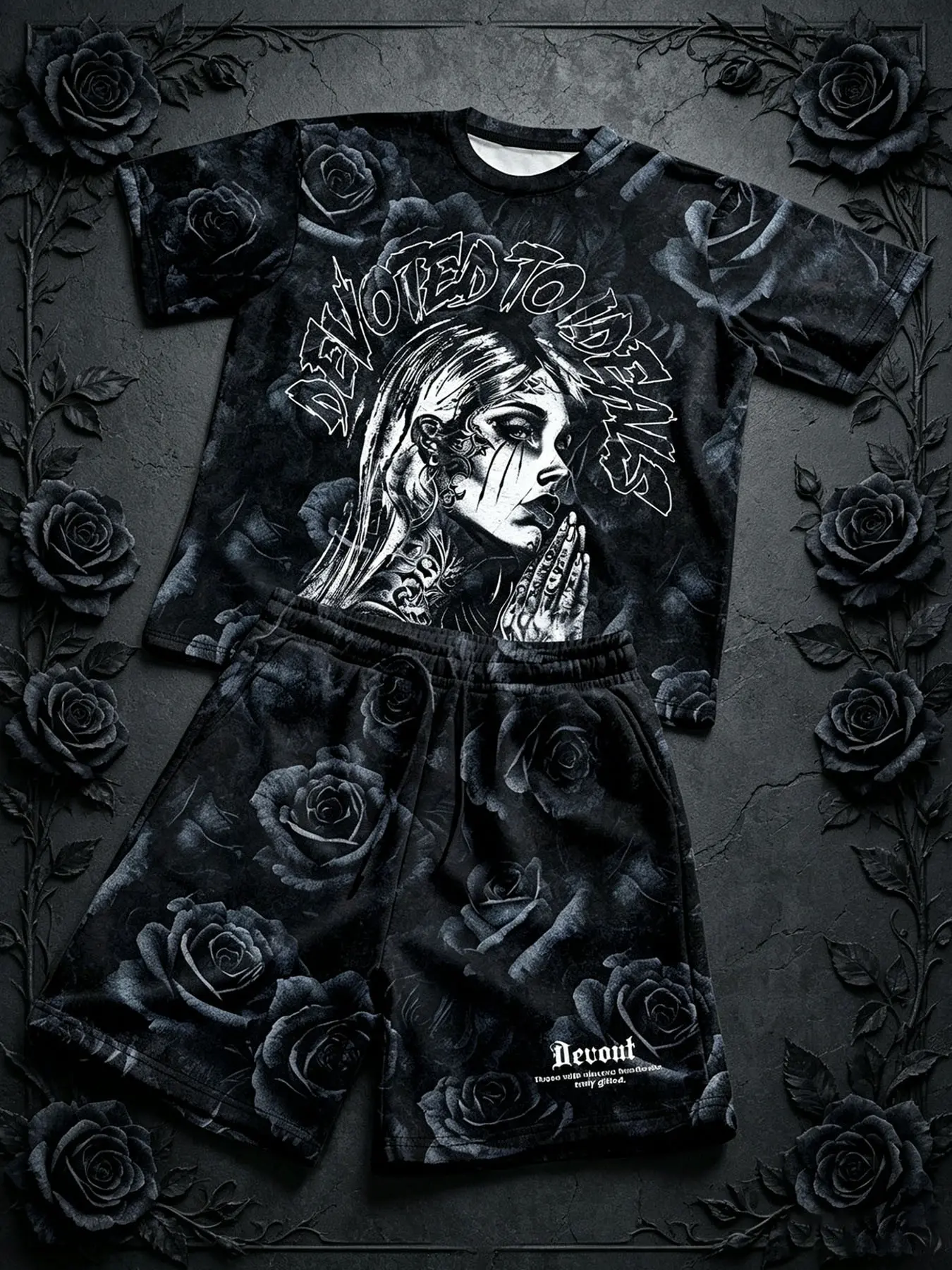 Men's Summer Street Style Two-Piece Set, Round Neck Short Sleeve Tee + Drawstring Shorts, Gothic Rose Print, Casual Outdoor Wear Clothes