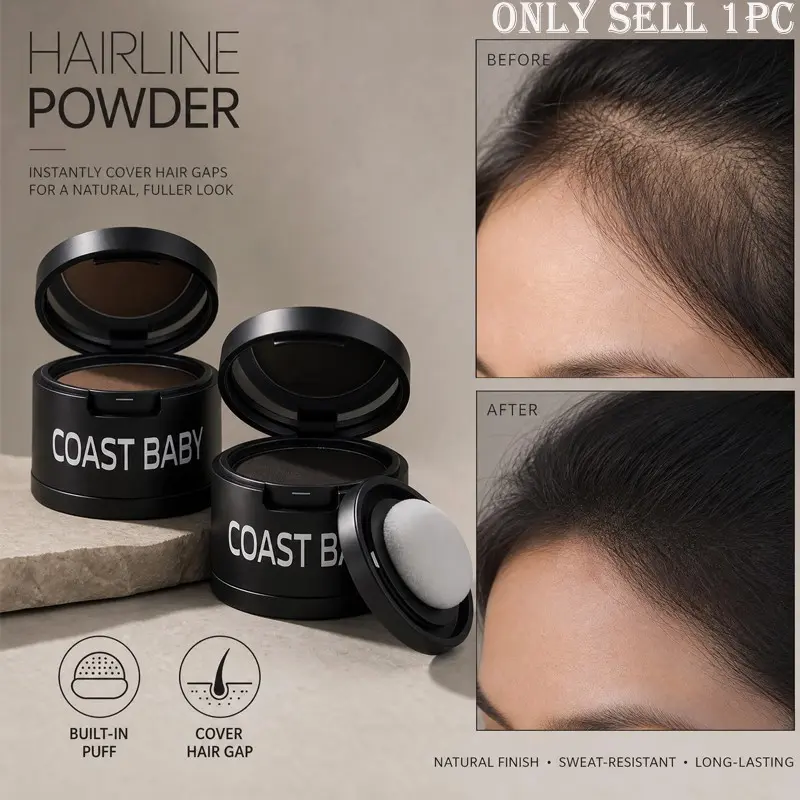 Root Retouch & Hairline Shadow Powder, conceals sparse hair parting and touches up hair roots, precise puff application, soft texture, low smudging, creates polished daily hairstyles, travel‑friendly for convenient on‑the‑go touch‑ups