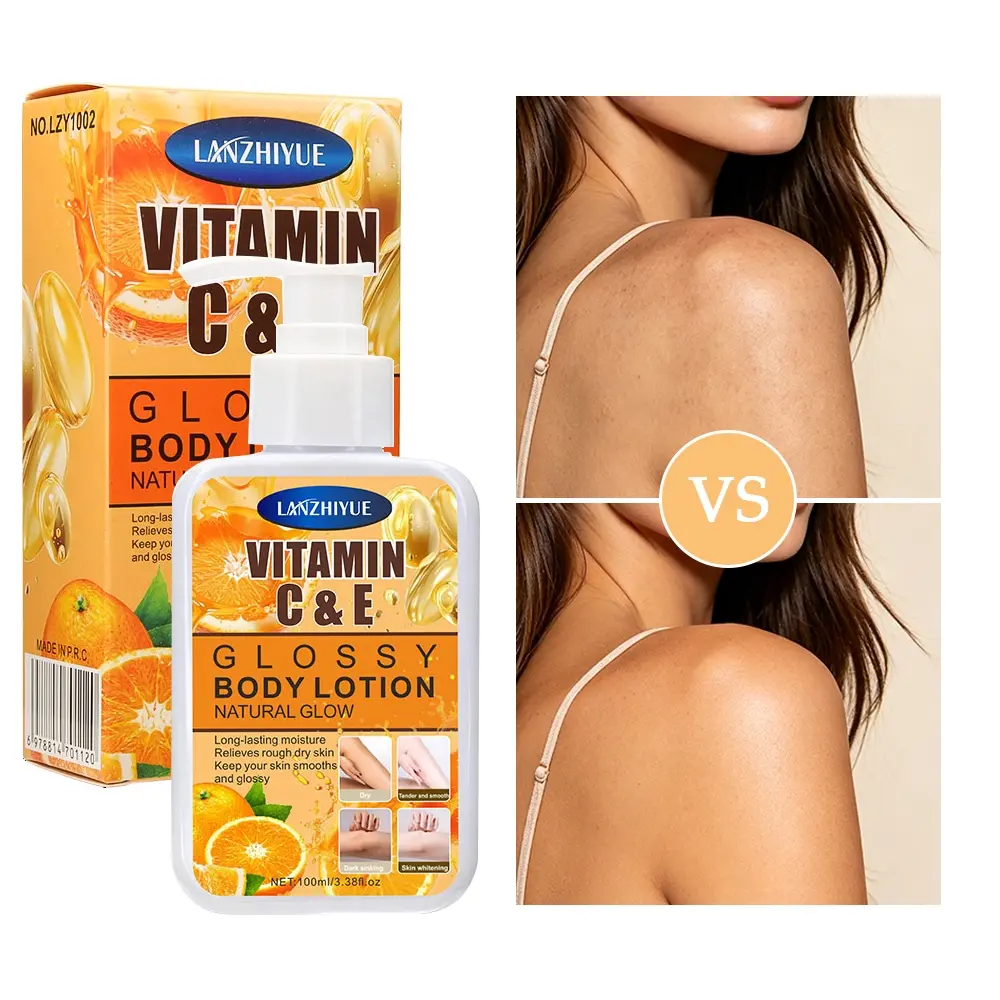 Vitamin C & E Glossy Body Lotion, Natural Glow Brightening Body Moisturizer, Lightweight Non-Greasy Fast Absorb Lotion, Repair Rough Dry Chicken Skin, Long Lasting Hydrating Cream for Hand Neck Leg Body