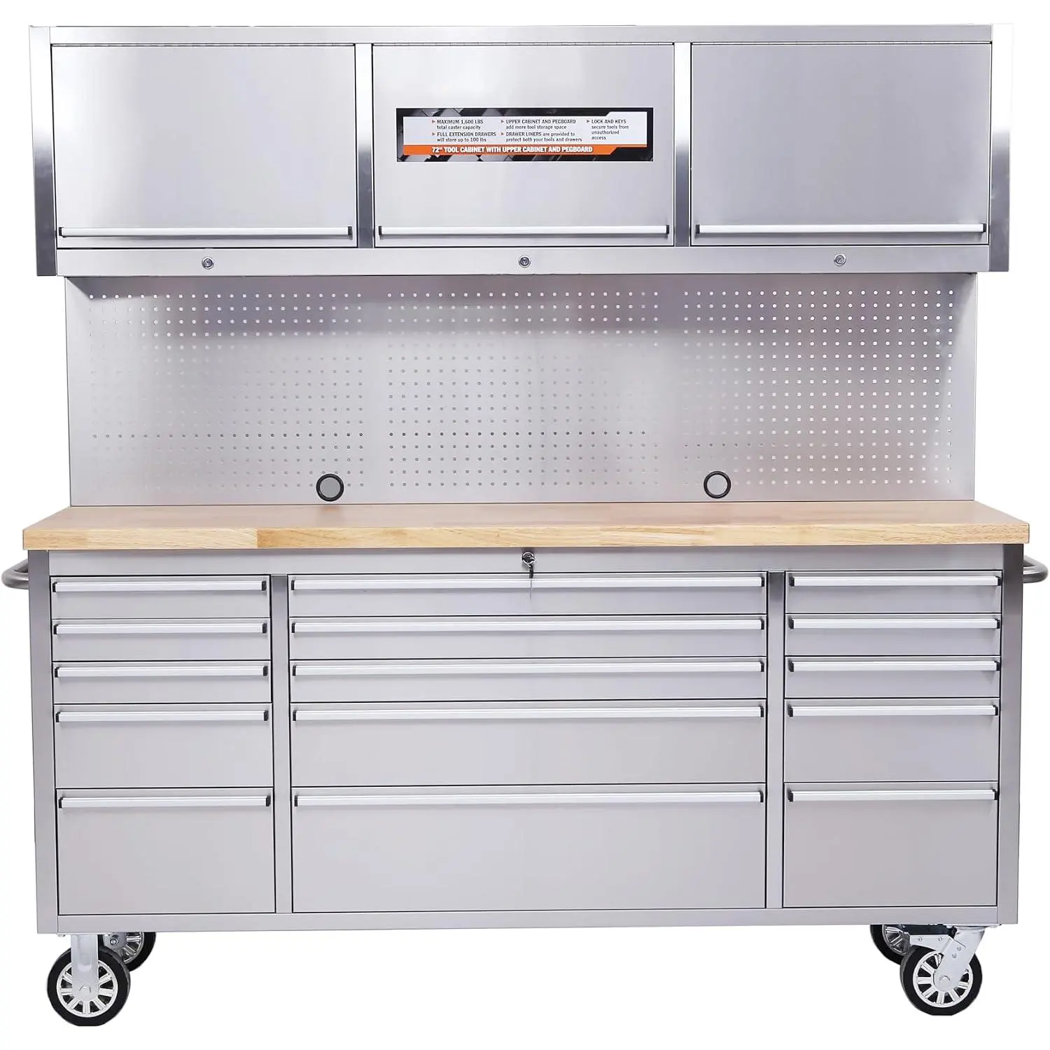72 inch Rolling Tool Chest, Garage Workbench with 15 Drawers, 1.5in Solid Rubber Wood Top with Lockable Wheels, Central Key Lock System, Heavy Duty Mobile Workstation Tool Cabinet for Workshop Storage, DIY Repair Station