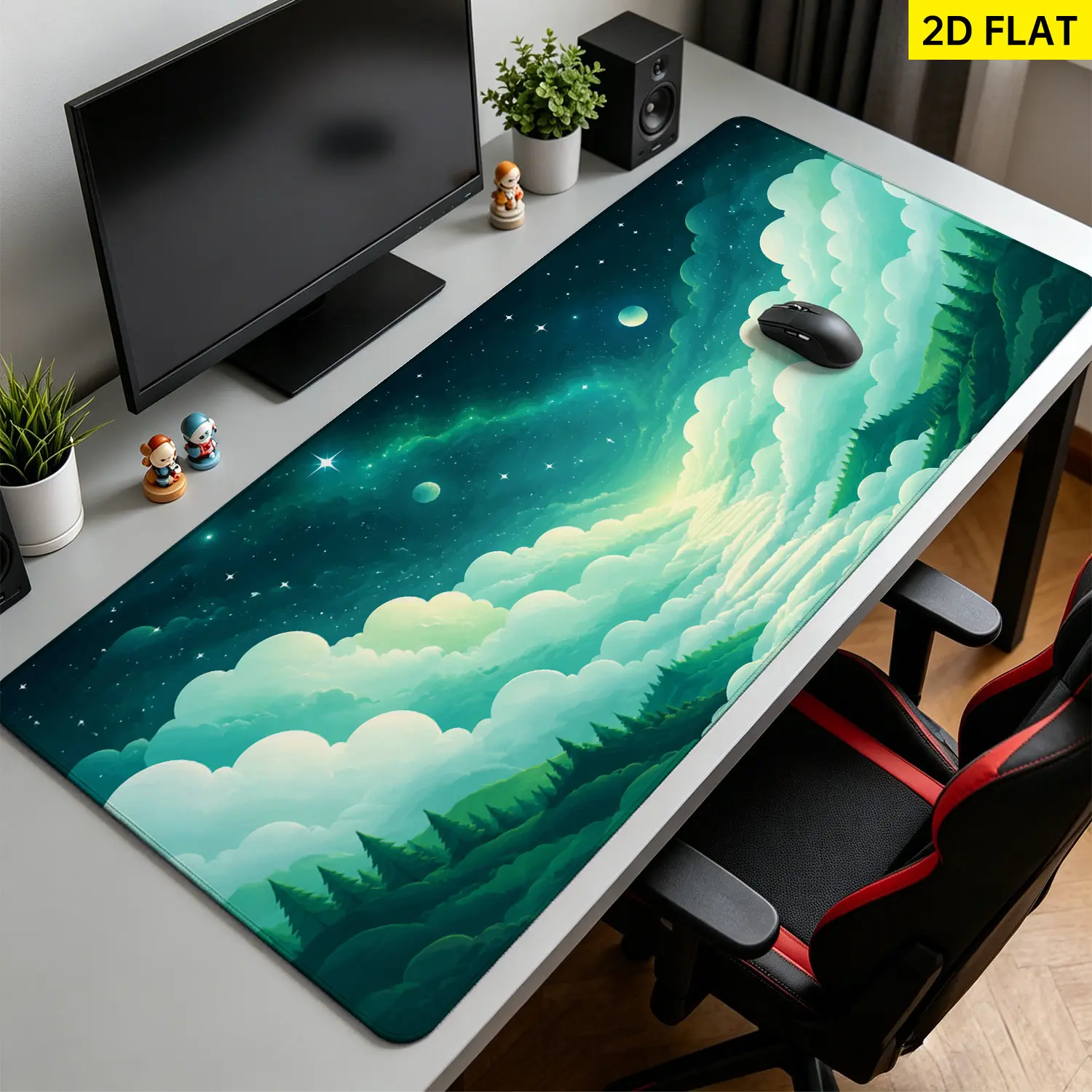 Extra Large green starry night sky and dreamlike clouds Mouse Pad,Non Slip Rubber Pad,Desktop Decoration Drotection Pad,Washable,Lock Edge Multi Size,Premium Multipurpose Mousepad For Home,Office,Gift for Family and Friends