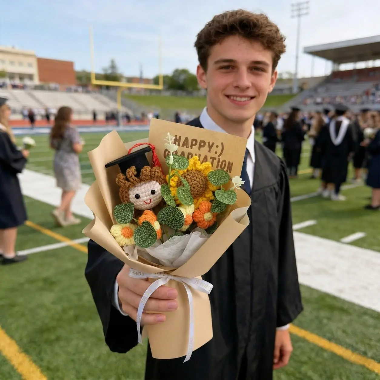 Crochet Graduation Bouquet with Sunflower & Grad Cap Doll, Handmade Knitted Flower Arrangement, No-Wilt Graduation Keepsake Gift for Him/Her, Photo Prop for College High School Grad Party, 1pc