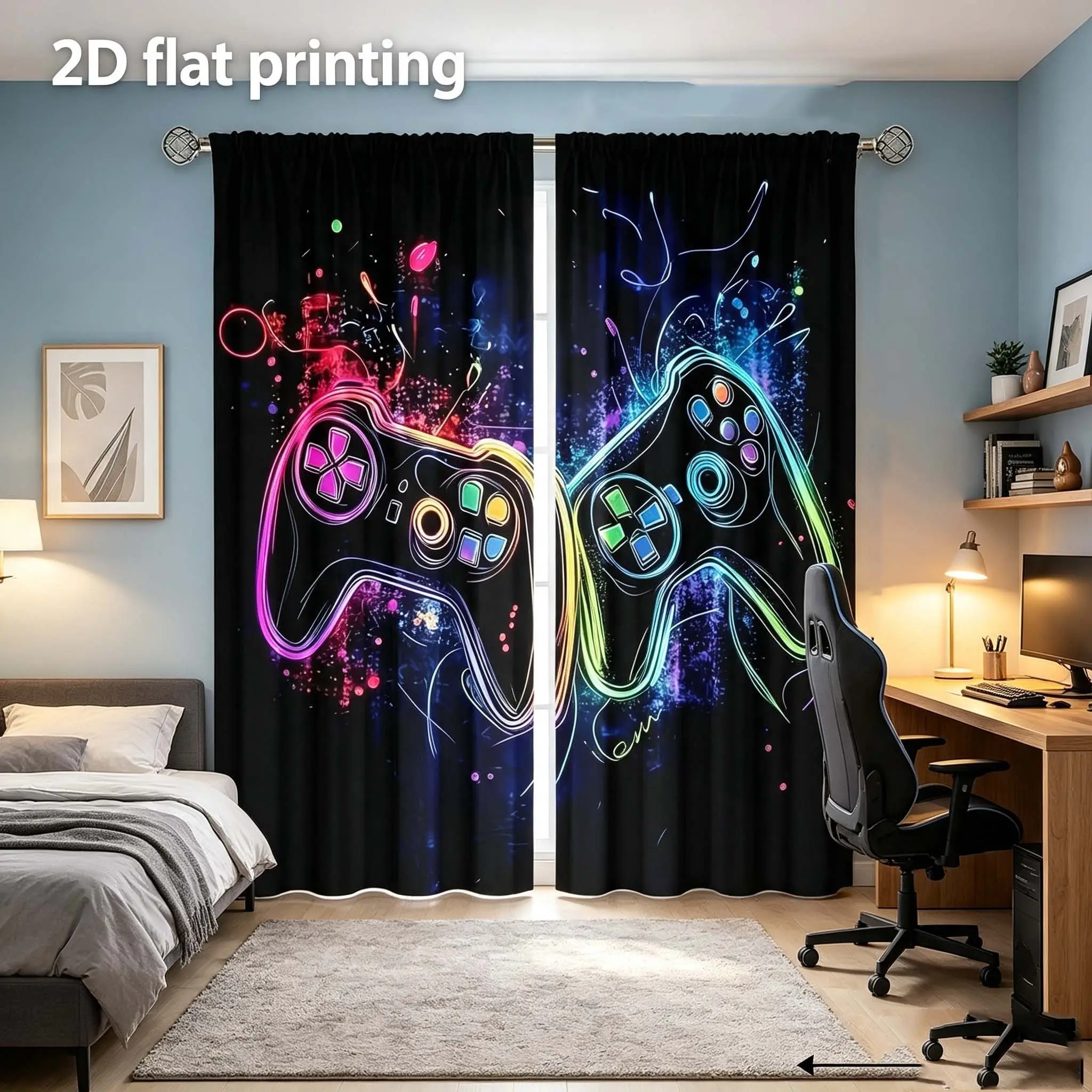 2-piece game controller graffiti curtains, durable semi transparent polyester material curtains that can be washed, suitable for bedrooms/living rooms/study rooms, and are an ideal choice for home decoration Interior Decoration Accessories Window Curtain