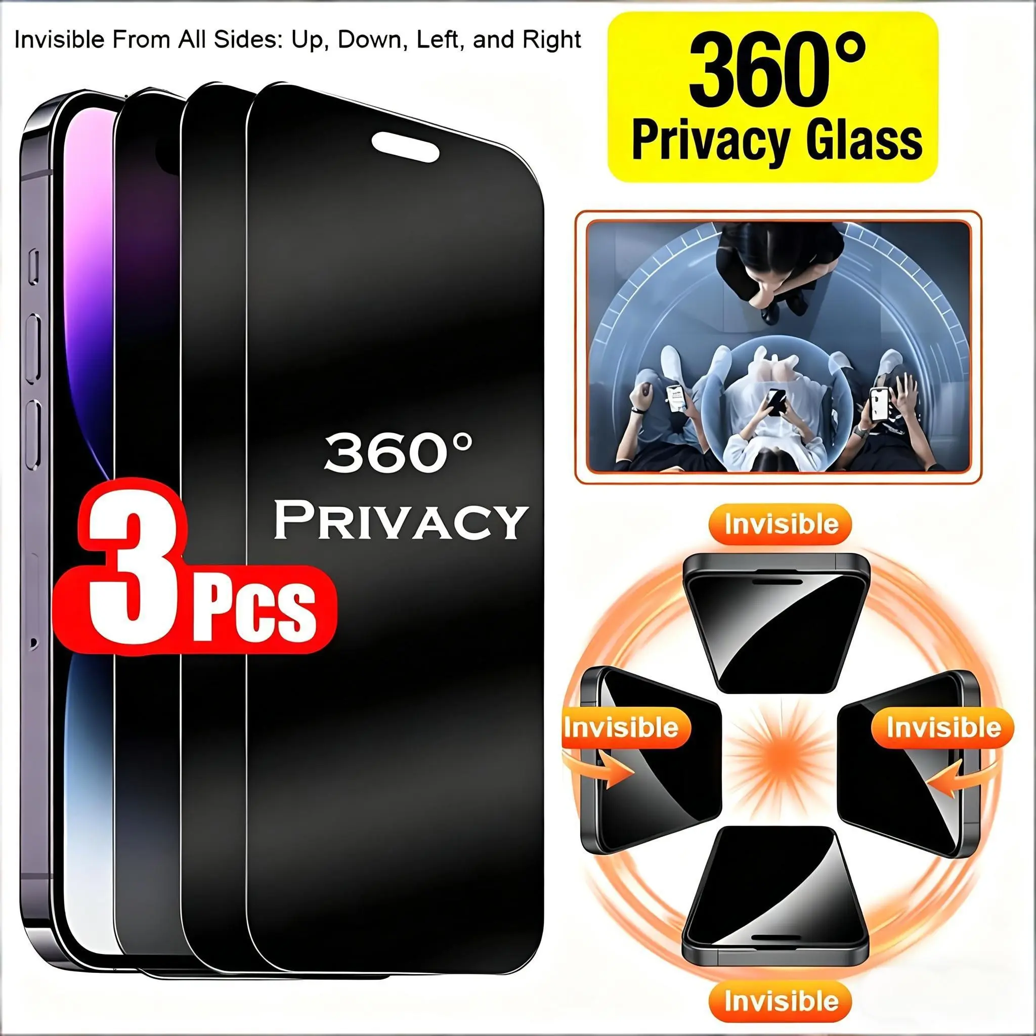 3-Pack 360° Privacy Tempered Glass Screen Protector, Smartphone Screen Protector, Anti-Spy, Ultra-Thin, Compatible with Iphone 17/16 Pro Max/16 Pro/16 Plus/16/13 Pro Max/13 Pro/13/12/11 Series