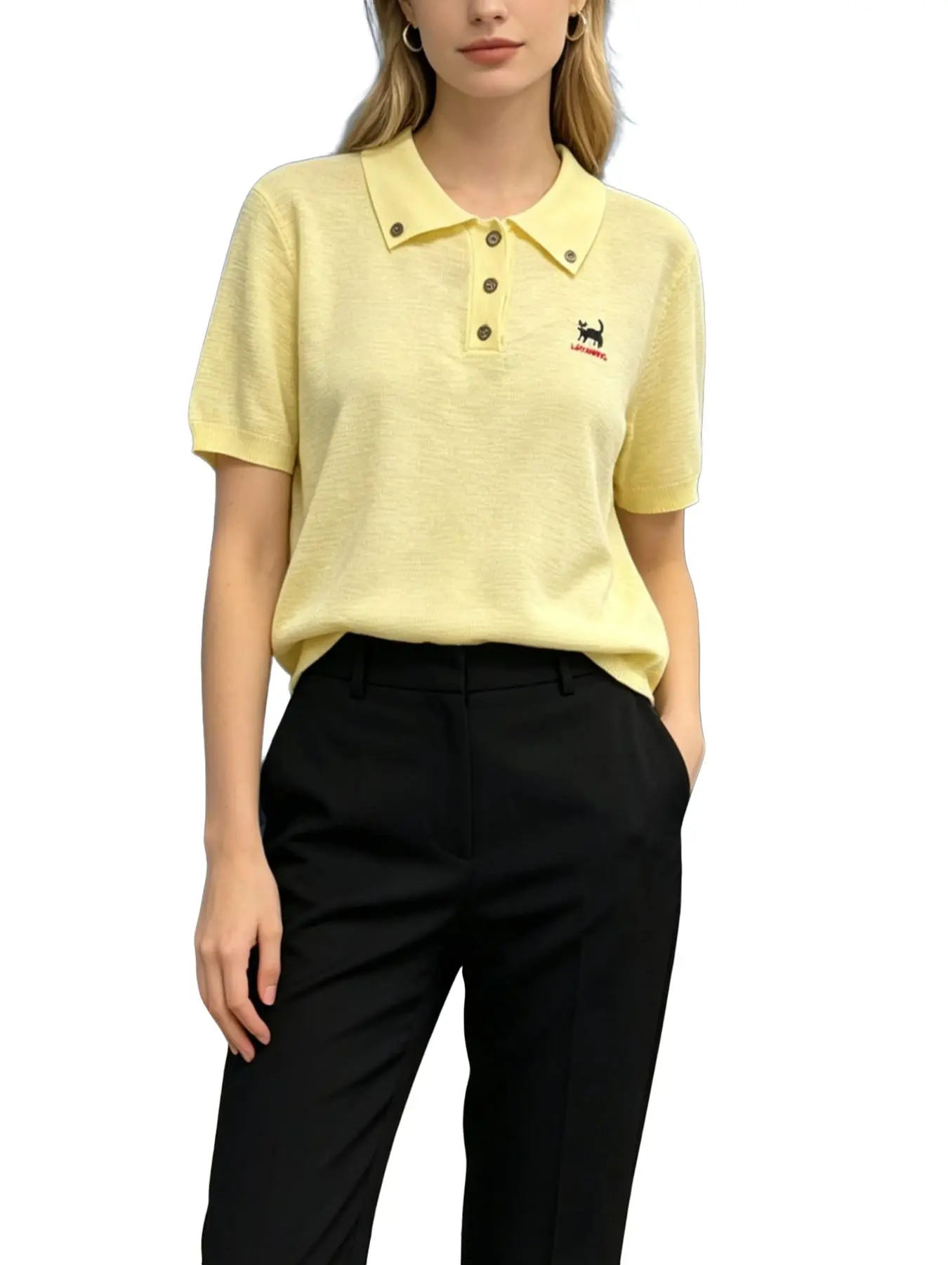 Women's Embroidered Cat Polo Neck Knit Short Sleeve, Casual Comfortable Basic Loose Turn-Down Collar Top, Ideal for Daily Office Wear