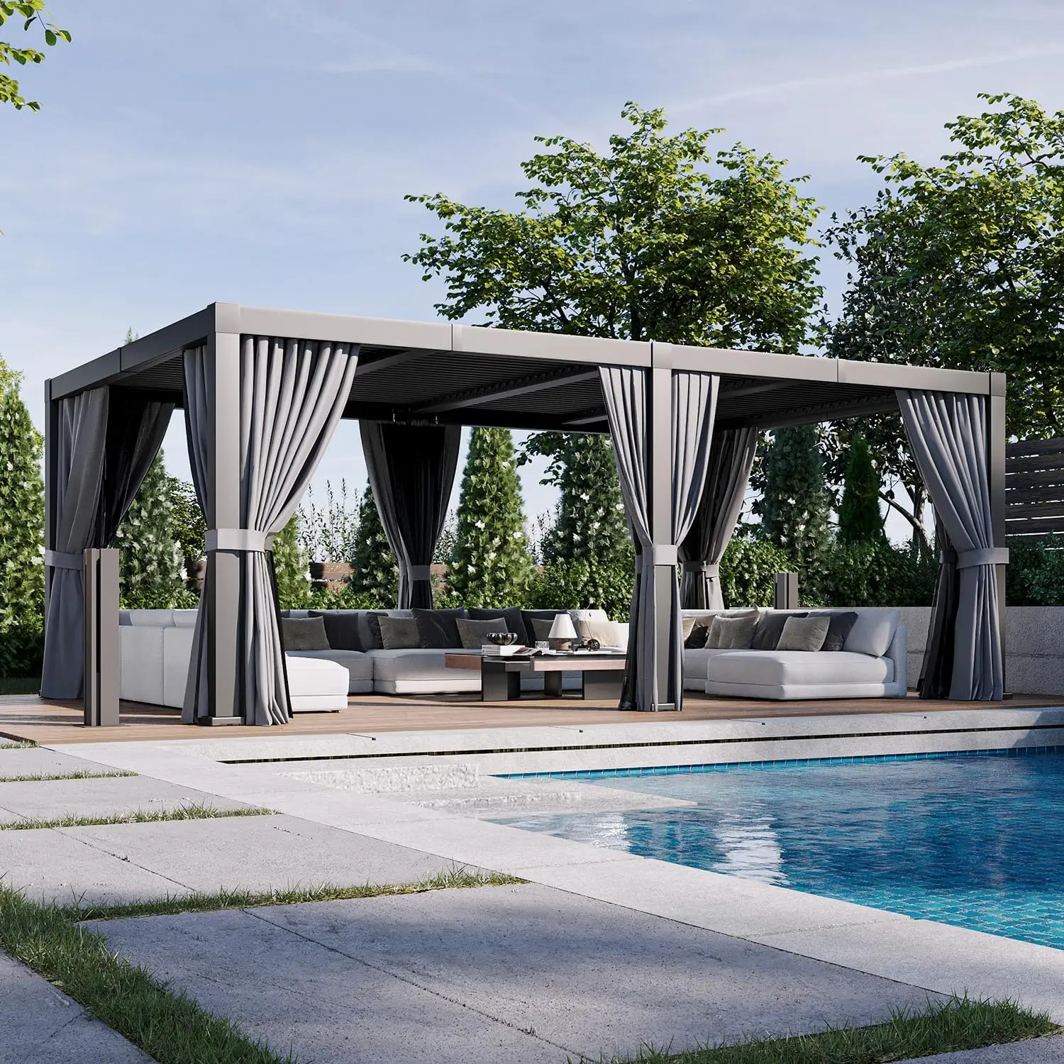 Aoxun Louvered Pergola 12' x 20' Aluminum Outdoor Pergola with Independent Adjustable Roofs, Curtains and Netting, Built-in Drainage System for Patios & Backyards, Rust Resistant Frame