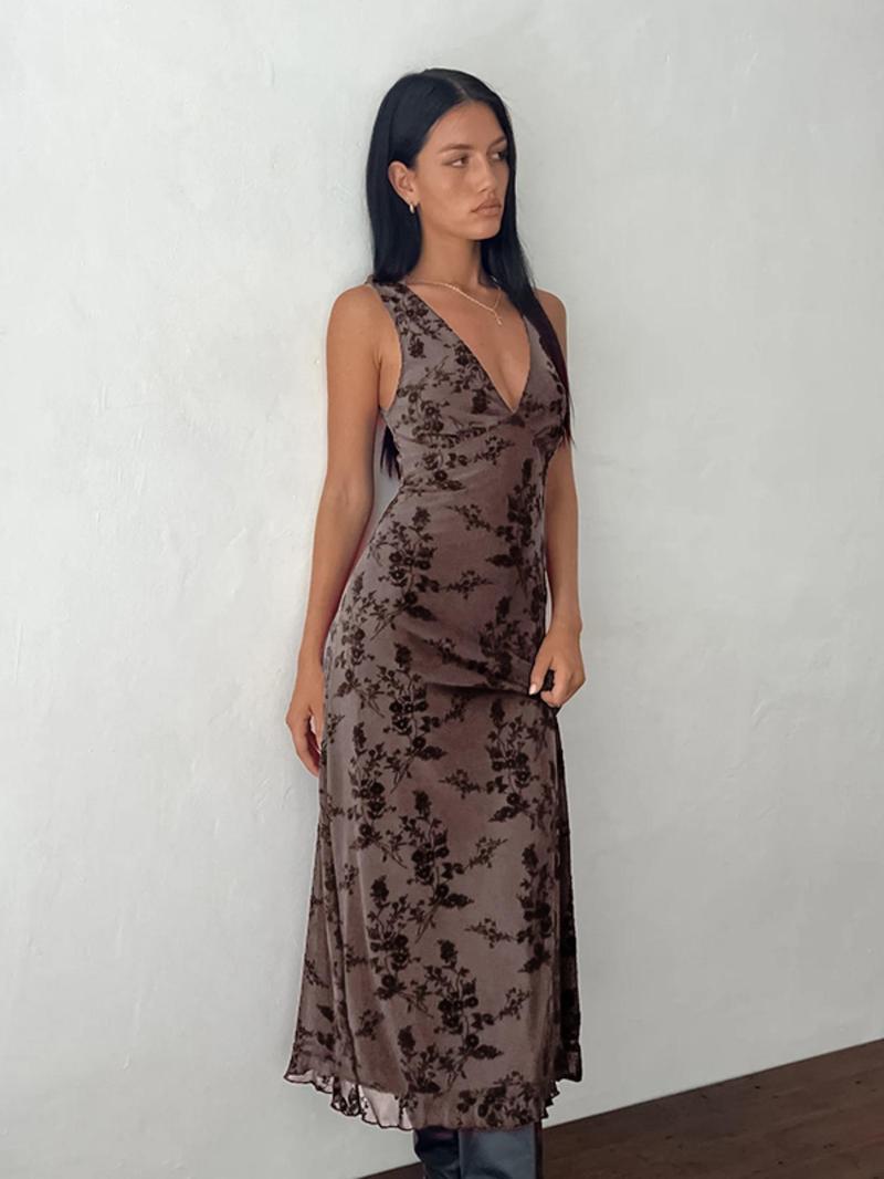 Women's Floral Print Deep V Neck A Line Dress, Elegant Sleeveless Plunge Neck Bodycon Long Dress, Ladies Summer Clothes for Party Holiday Wedding Guest, Summer Dresses