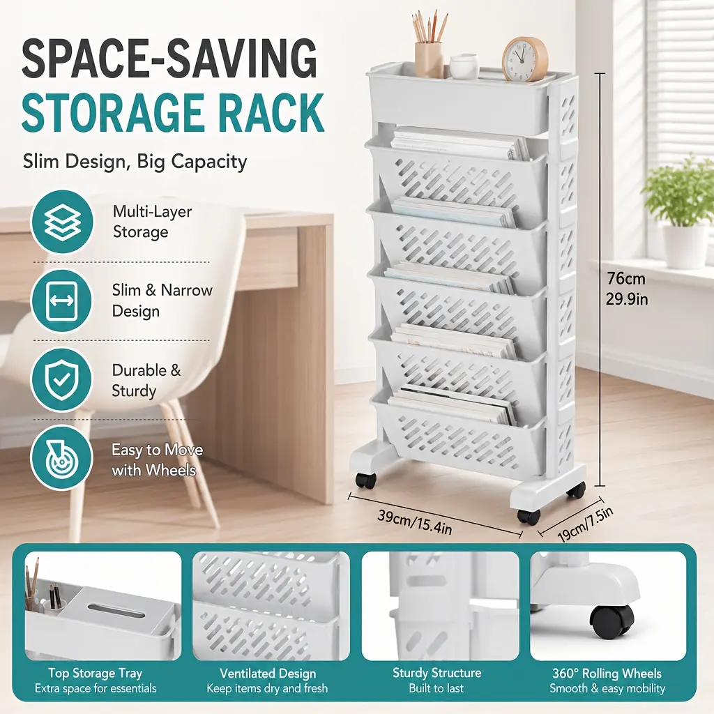 2 Pcs Mobile Book Carts with Wheels, 6/5 Layer Optional Rolling Book Organizer, Portable Magazine File Storage Rack for Home Office, School Classroom & Learning Room