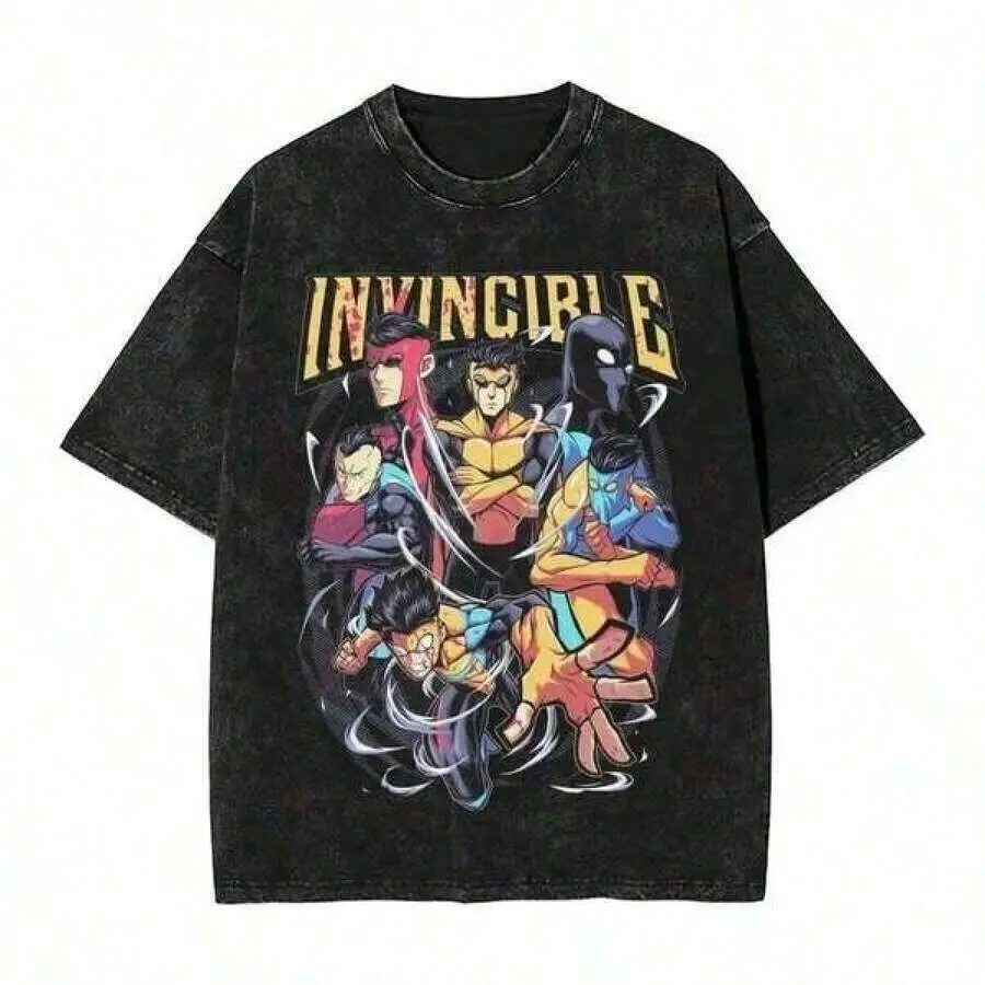 Retro Y2K Washed Crew Neck T Shirt Invincible Animated Superhero Team Front Print Loose Heavyweight Top Pair Distressed Denim Jeans Canvas Bucket Bag For Skate Street Daily Fashion Style