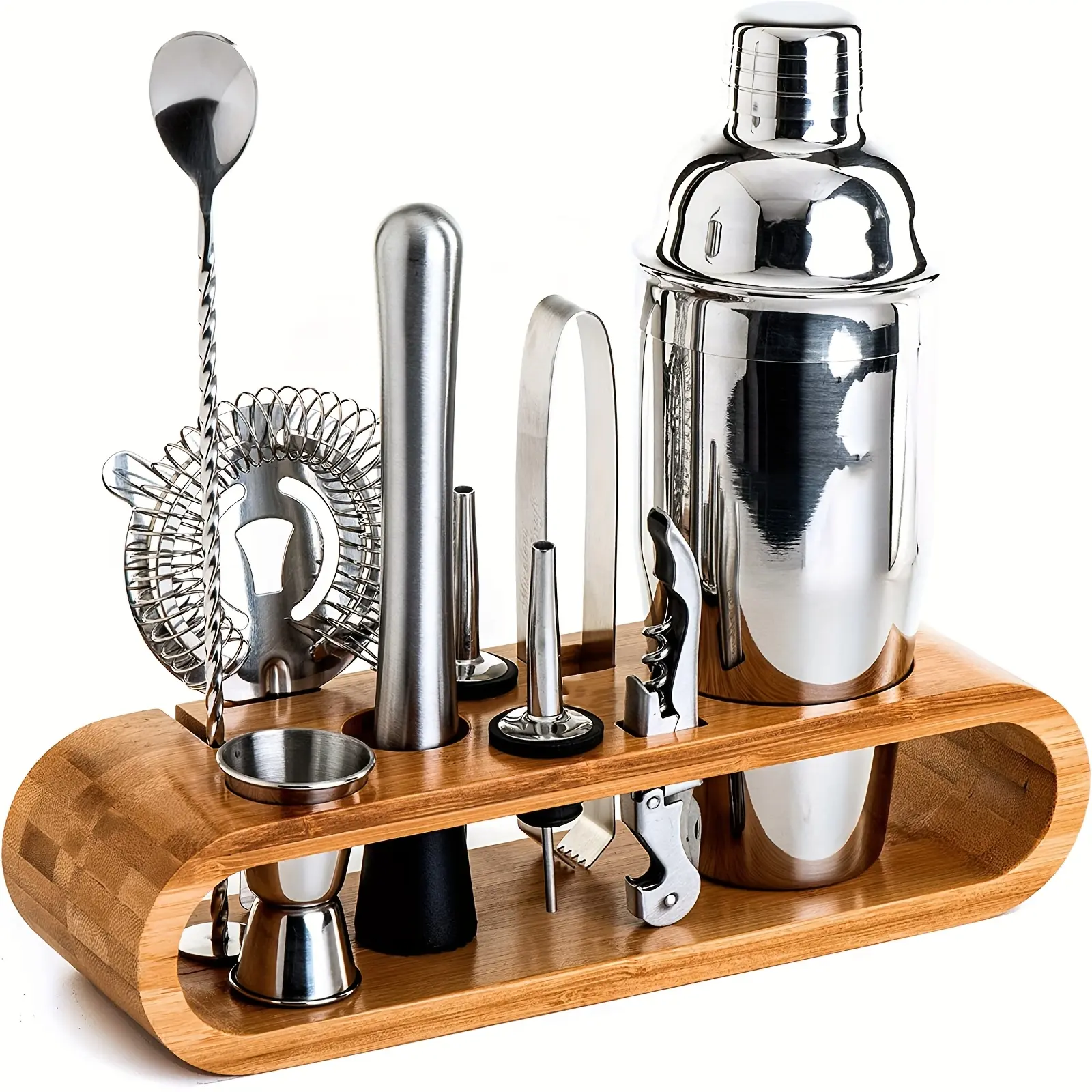 10 Pcs Premium Bartender Set with Bamboo Stand, Stainless Steel Cocktail Shaker Bar Tool Kit for Home Bar, Bar Accessories Perfect for Housewarming & Father's Day Gift