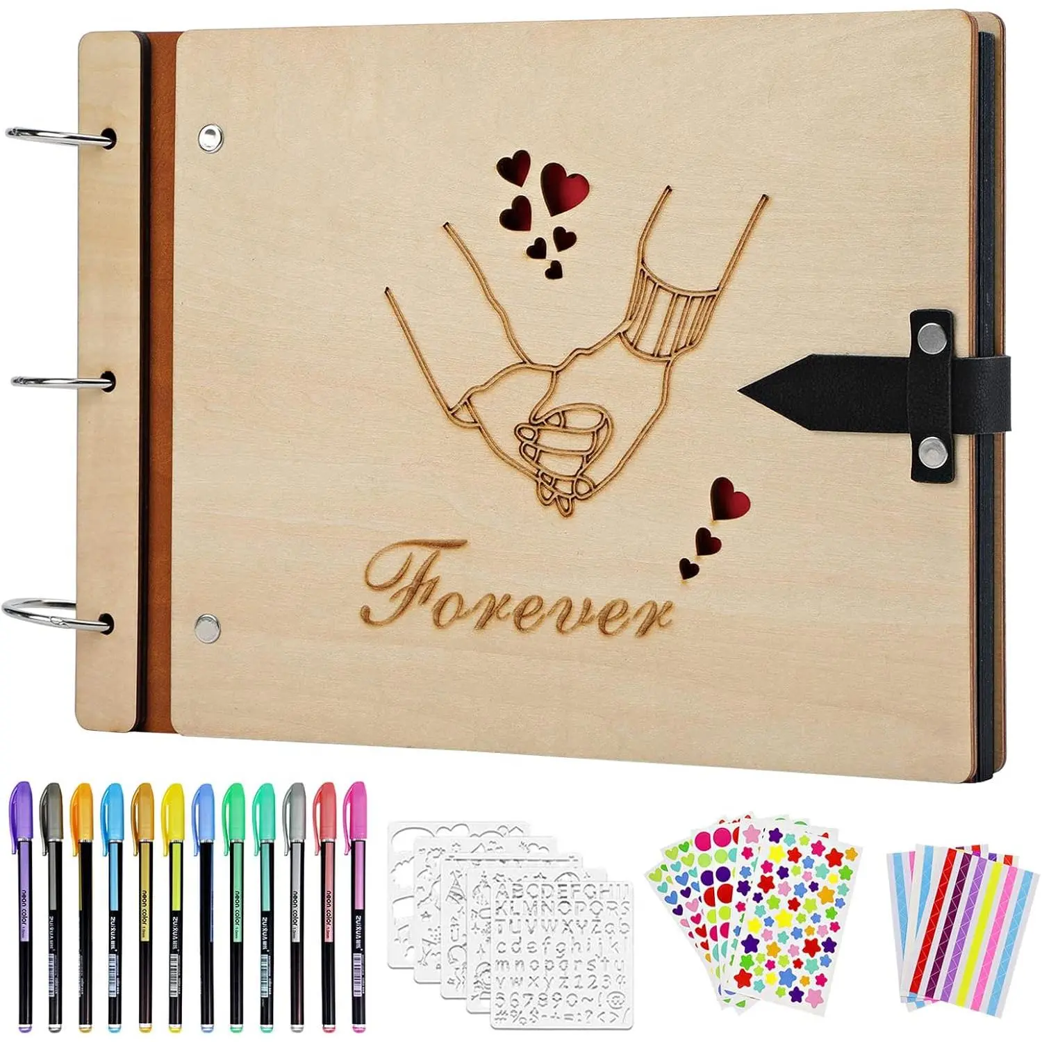 Love Scrapbook Wooden Photo Album"Hand in Hand" Valentines Scrap Book Memory Photo Book for Couples Anniversary, Wedding Guest Book 60 Pages 111
