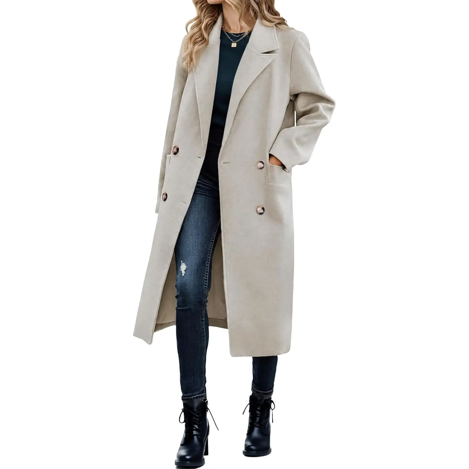 Tankaneo Women's Long Sleeve Loose-Fit Knee-Length Polyester Blend Winter Double-Breasted Pea Coat - Machine Washable Long Trench Outerwear with Pockets for Casual Work, Women's Jackets & Tops