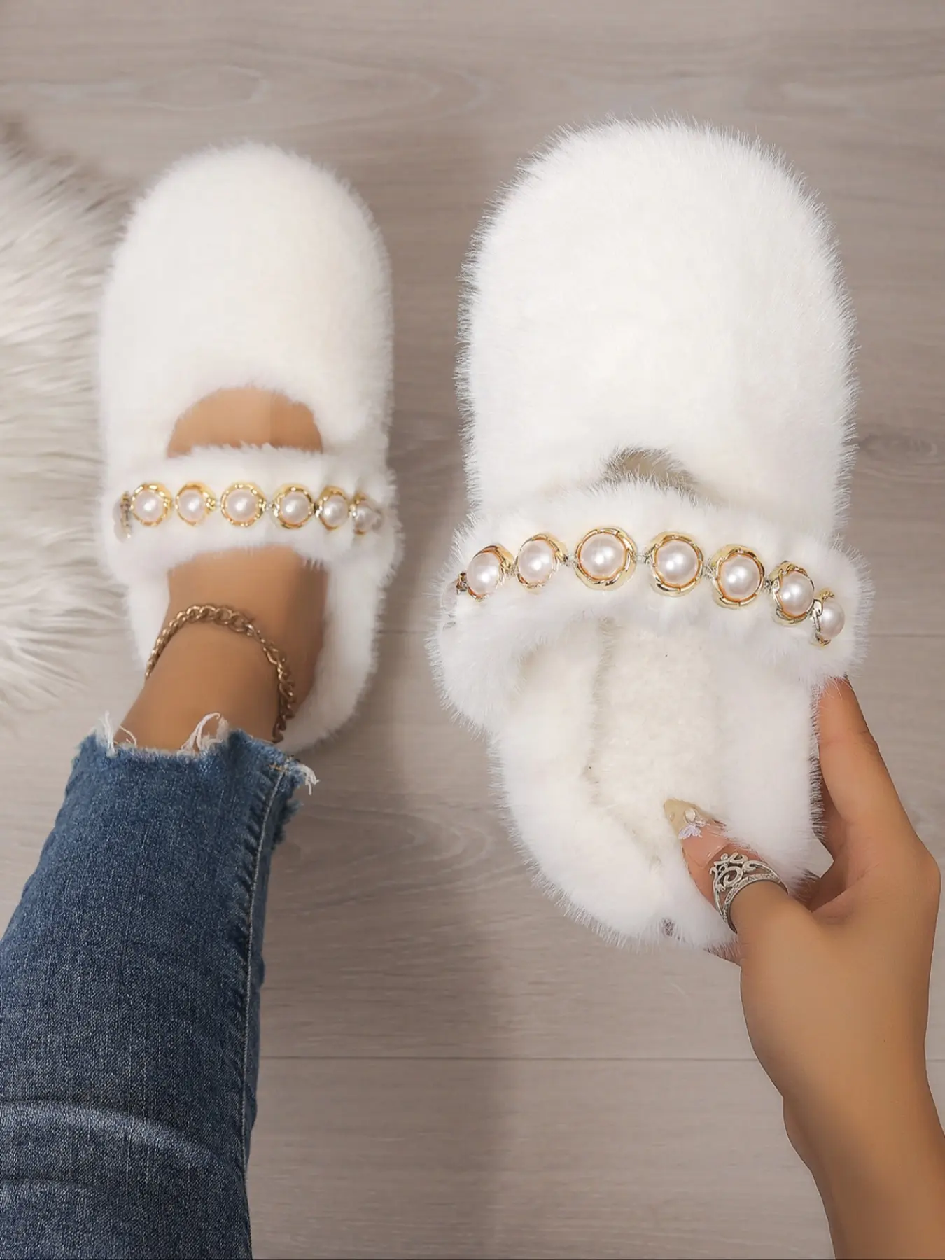 Women's Fluffy Slip-On Closed Toe Mary Jane Slippers With Elegant Faux Pearl Decor, Soft Skin-Friendly Comfort Flat Anti-Slip Sole, Warm Versatile House Slippers For Autumn Winter Indoor & Daily Casual Wear