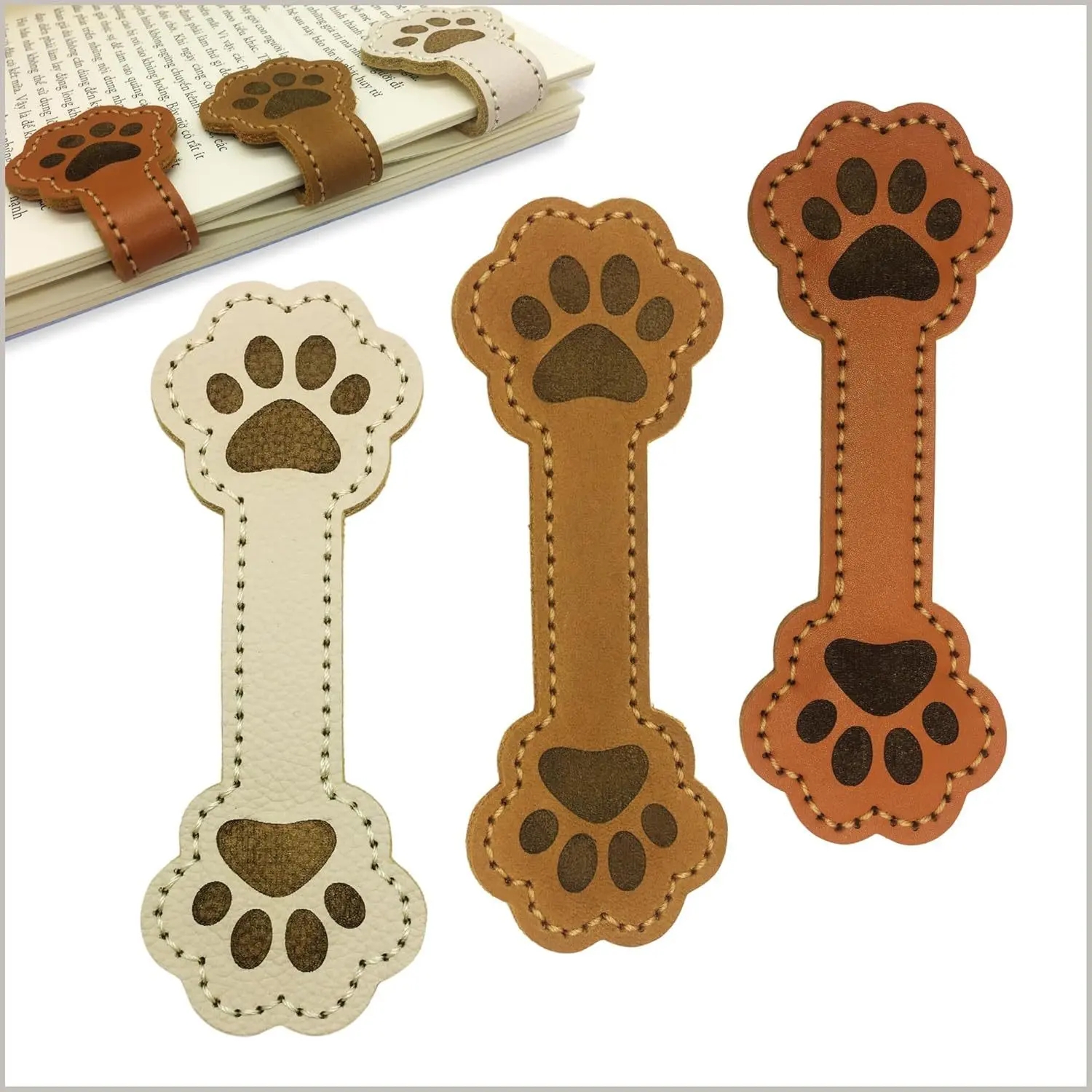 3 Pack Magnetic Leather Bookmarks for Reading, Cute Dog Paw Shape Magnet Bookmark Clips for Women, Men, Kids, Magnetic Book Marks, Gifts for Book Lovers Teachers Students (Brown+White+MilkCoffee)