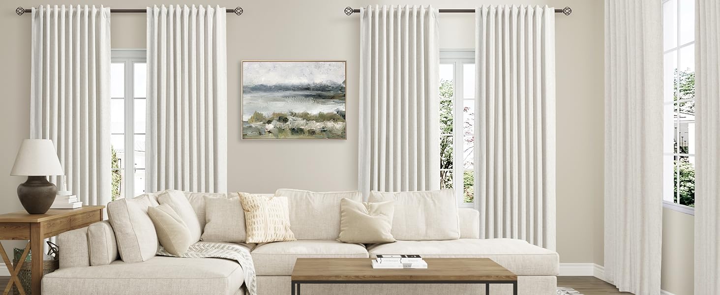 Natural Linen 100% Blackout Curtains for Bedroom 84 Inch Length 2 Panels Set Back Tab Cream Neutral Farmhouse Living Room Darkening Curtain Track System Thermal Insulated Black Out Drapes 52x84