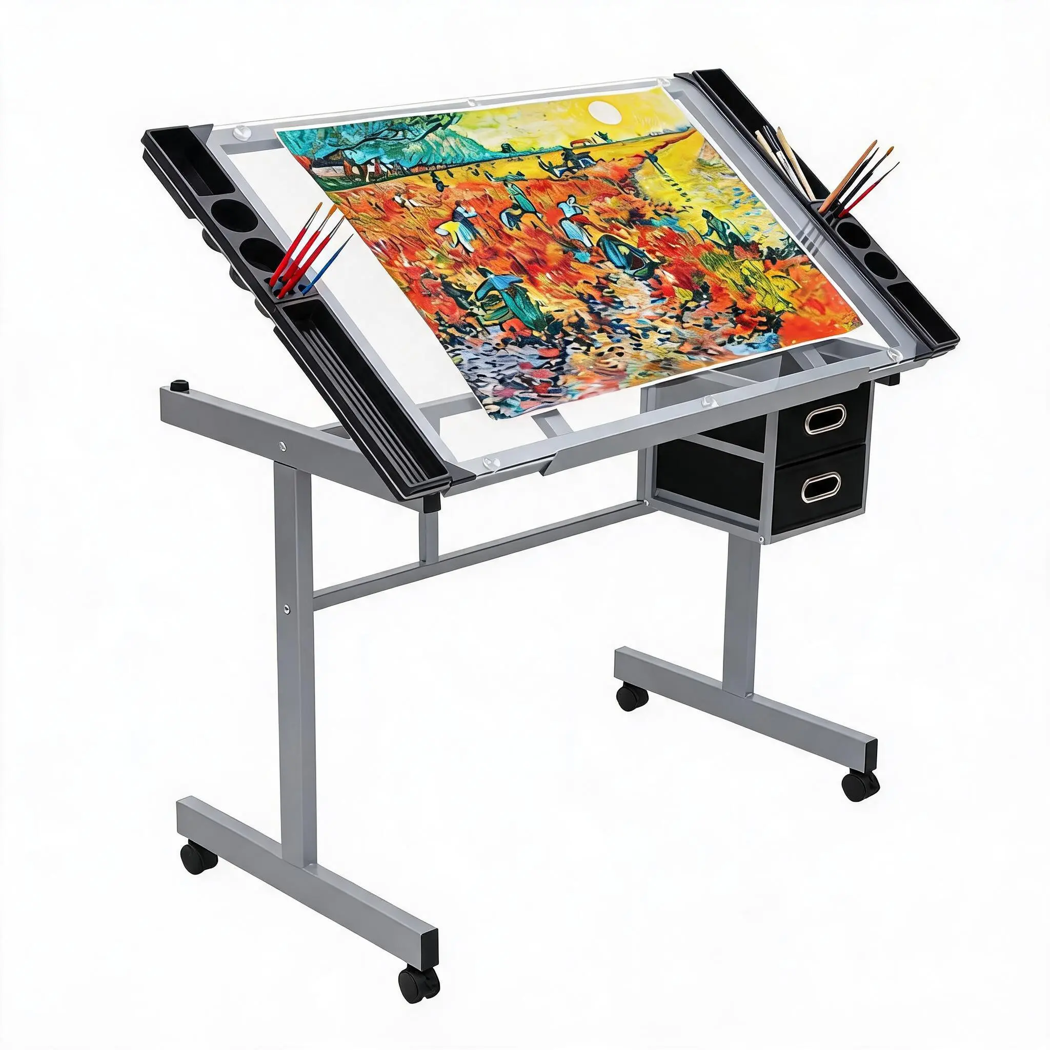 Adjustable Glass Drafting Table for Office – Tilting 0-65° Desktop – 2 Drawers & 4 Rolling Wheels – Multifunctional Art and Craft Workstation for Artists, Designers, Home Office
