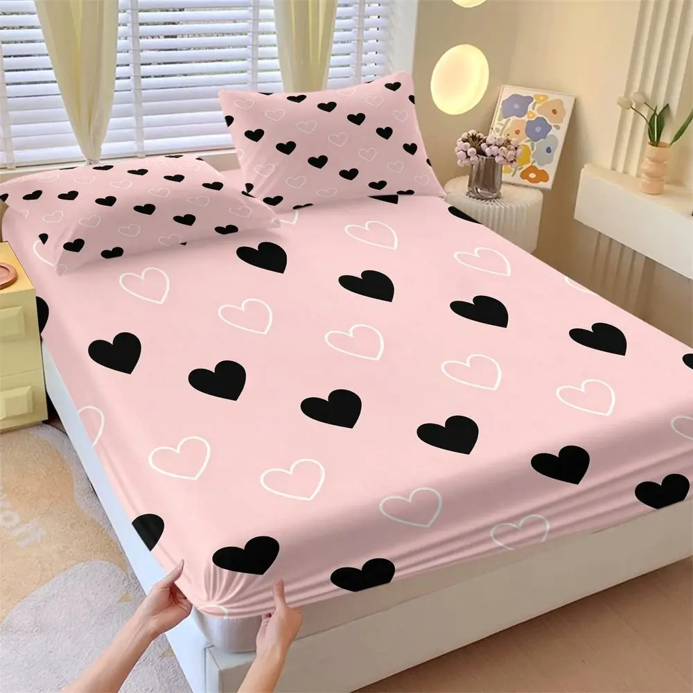 3Pcs Cute Pink Heart Bedding Set, Aesthetic Fitted Sheet Set for Girls Bedroom, Soft Microfiber Bed Sheets Set, Romantic Style Bedspread for Dorm Room Decor No Fillers