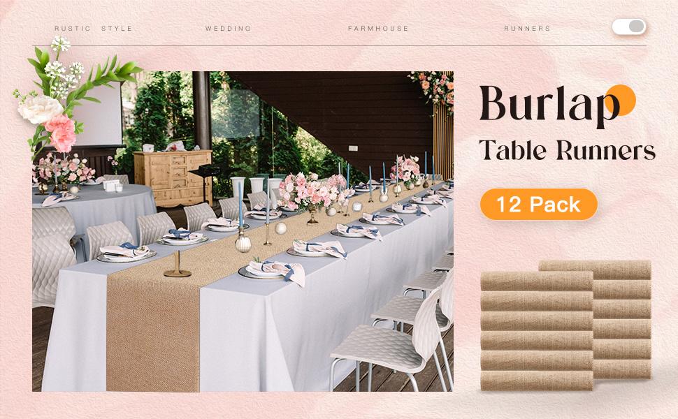 Burlap Table Farmhouse Khaki Jute Runner Rustic Wedding Burlap Table for Birthday Engagement Home Dining Decorations(12 Pack,12 x 108 Inch)