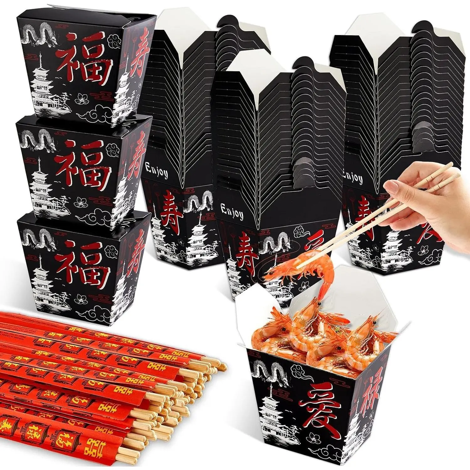 gisgfim 25 Sets Hibachi Party Supplies 16 oz Chinese Take Out Boxes with Chopsticks Disposable Paper Chinese Food Boxes Takeout Containers for Asian Hibachi Japanese New Year Party Decorations(Black)