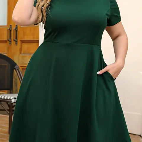 Plus Size Plain Pocket Collared A Line Dress, Elegant Chic Casual Short Sleeve Dress for Party Dating Daily Wear, Women's Plus Clothing for Summer， Dress for Dating， Plus Size Dress, Fit, Womenswear