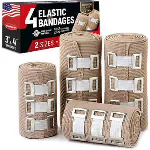 24in) + 12 Etra Clips Strong Compression Bandage Wrap for Leg, Premium Elastic Bandage Wrap 4pk (23in, Arm, Wrists, Elbow, Ankles, Feet and Knees for First Aid Kit and After Surgery Recovery