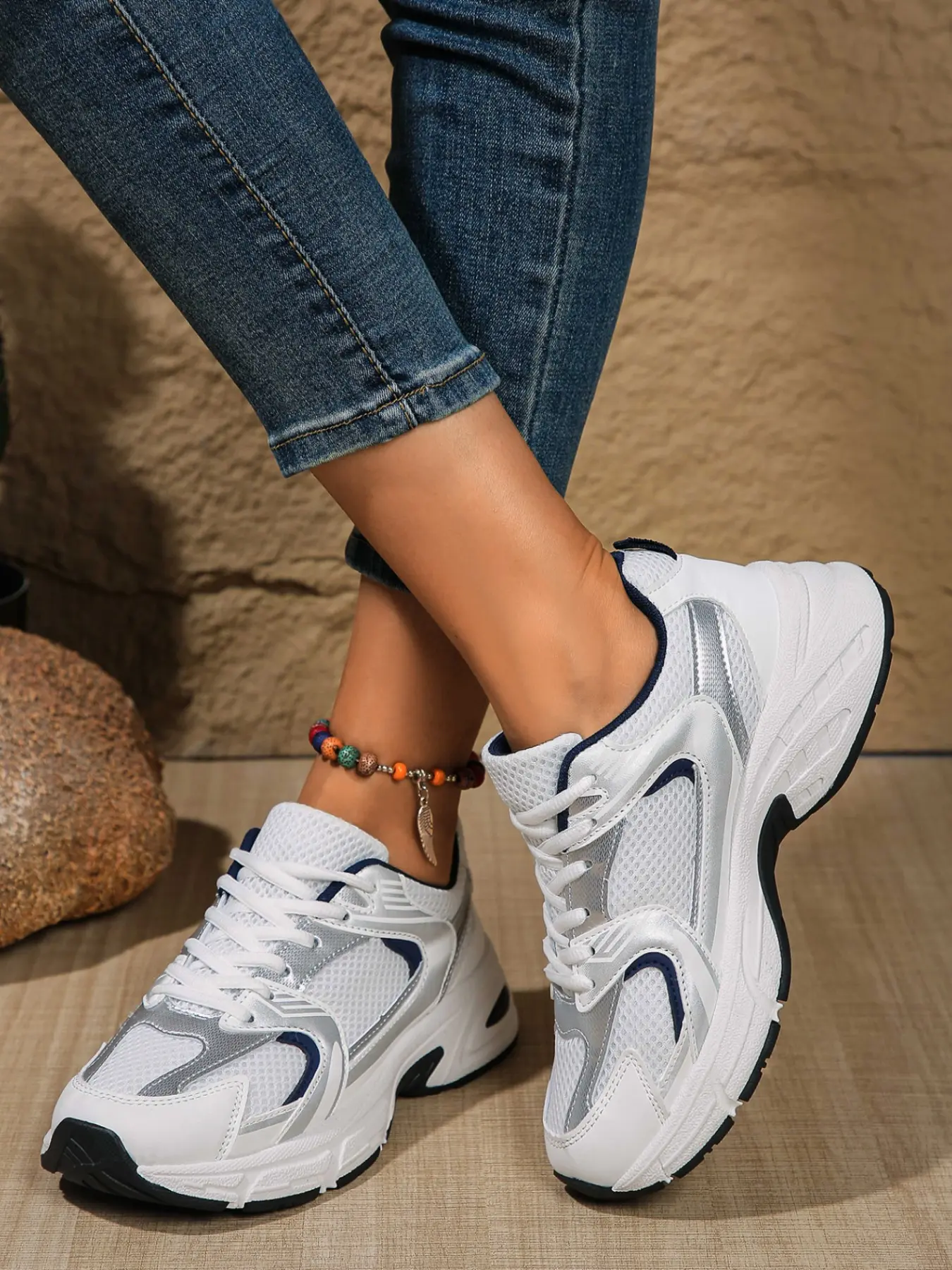 Women's Breathable Mesh Casual Shoes, Colorblock Thick Sole Height-Boosting Lace-Up Sports Height Increasing Fashion Sneakers, Spring Summer Retro Trendy Footwear