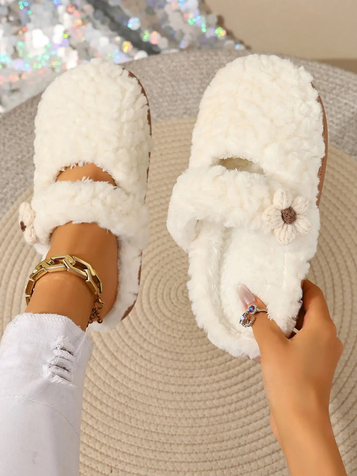 Curly sherpa fuzzy slide slippers, handmade crochet flower strap house mules, white fluffy open toe slip-on sandals, soft plush warm indoor outdoor slippers, cute floral decor comfy loungewear footwear, winter cozy fuzzy casual slides.