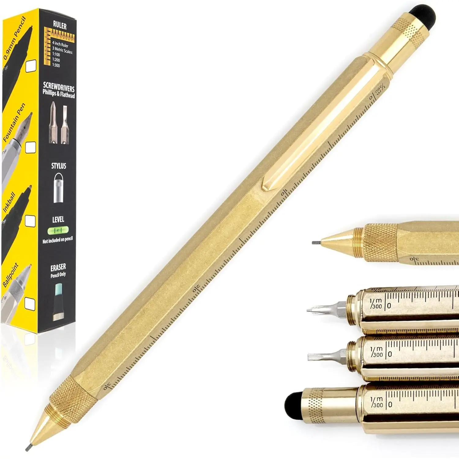 9-in-1 Multi Tool Brass Mechanical Pencil - Hand-Machined Stylus+Tools Pencil with Screwdrivers, Ruler, Eraser - Ideal for Engineers (Office Stationery Writing Tool)