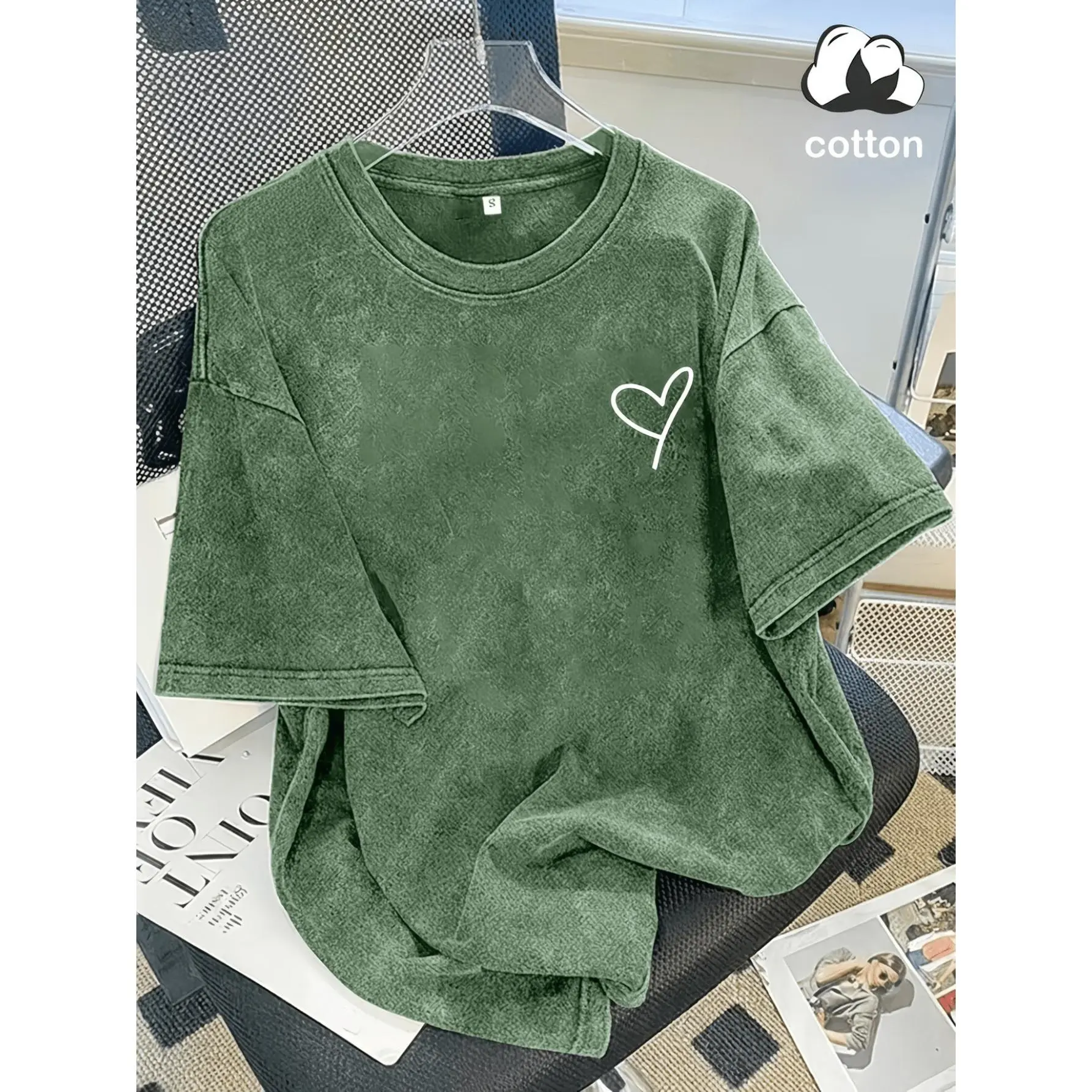 Women's Sheer Suitable for Styles T-Shirt - Loose Fit Vintage Double Heart Print Top, Machine Washable Casual Layering Piece for Es, Skirts & Blouses, Year-Round Wardrobe Essential