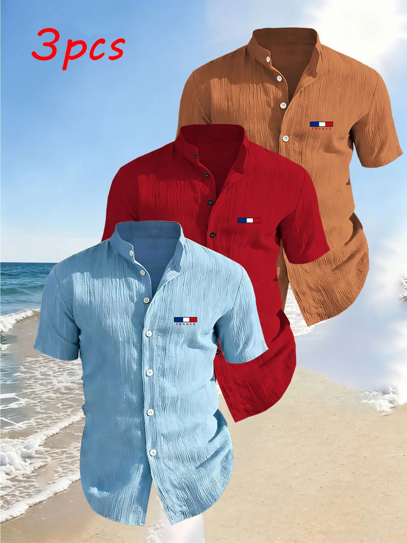 3-Pack Men's Summer Short Sleeve Shirts, Chest Print Design, Lightweight Breathable Solid Stand Collar Button Casual Beach Shirt, Ideal for Beach Poolwear