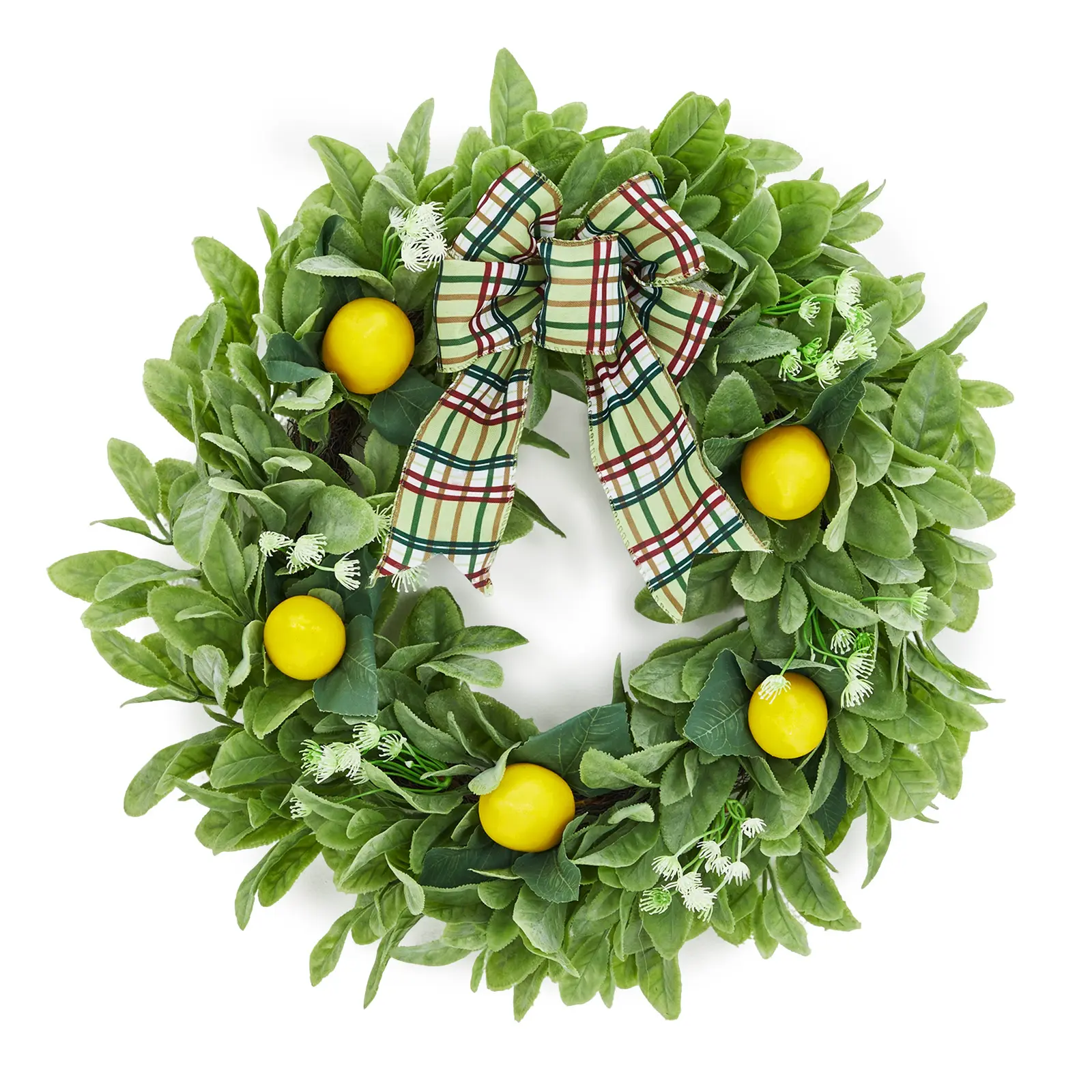 Artificial Lemon Wreath for Front Door – 20 Inch Farmhouse Spring Summer Decor – Lamb Ear Leaves, Plaid Bow