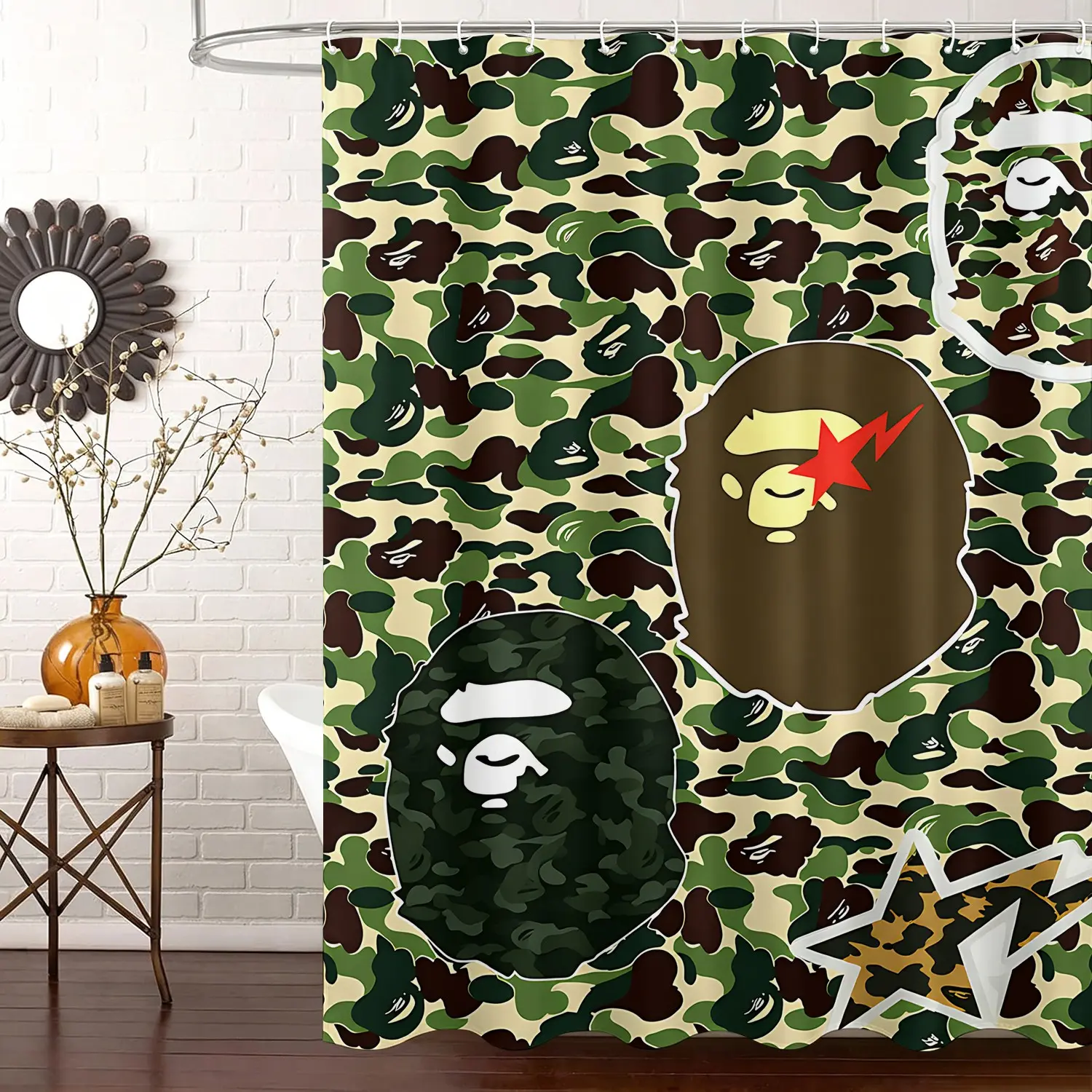 Classic Green Camo Head Digital Print Shower Curtain; Waterproof Bath Curtain with Free Hooks; Hip Hop Camouflage Monkey Head Pattern Washable Bathroom Curtain, Decor Accessory for Dorm, RV, Lake House, Beach House, Cabin