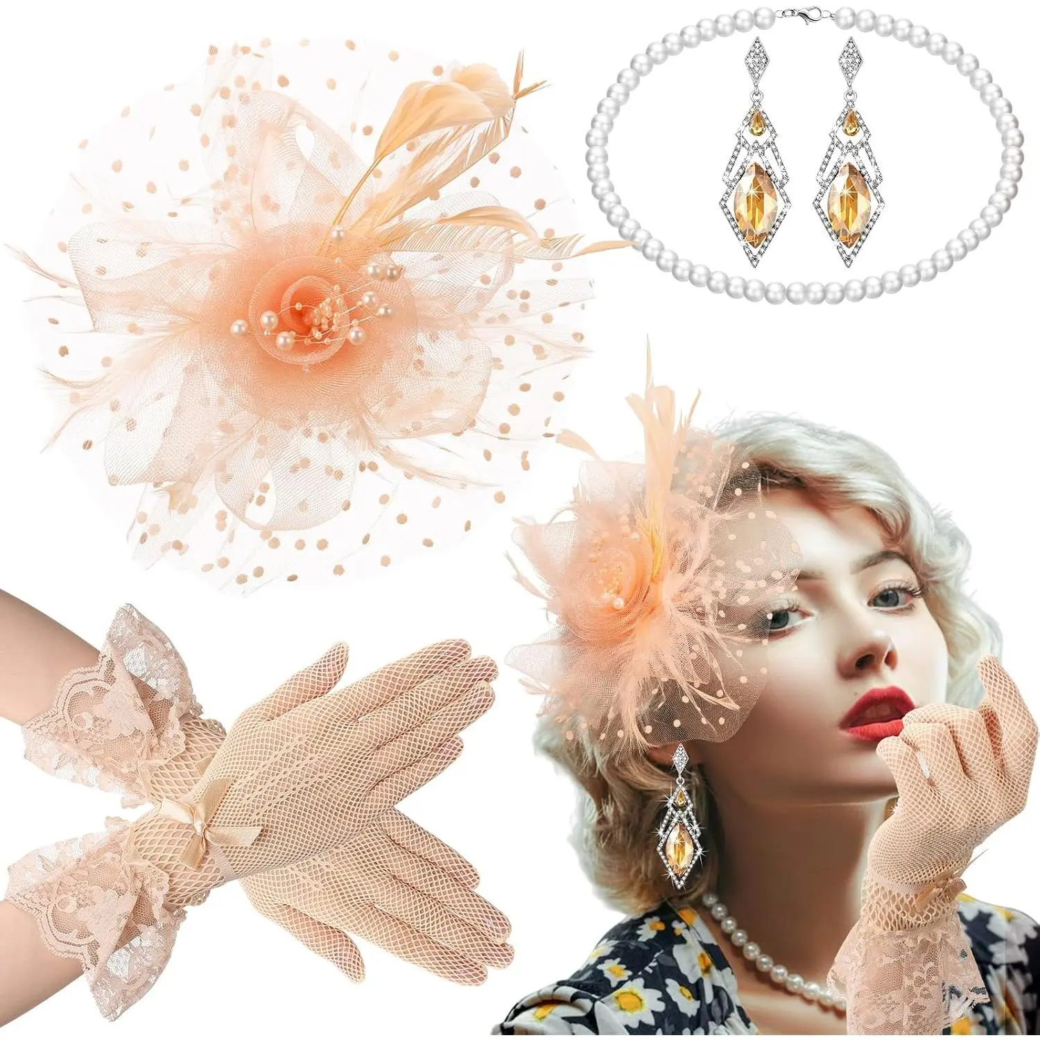 4 Packs 1920s Flapper Accessories for Women Includes  Headband  Necklace 1 Pair of Gloves and Earrings