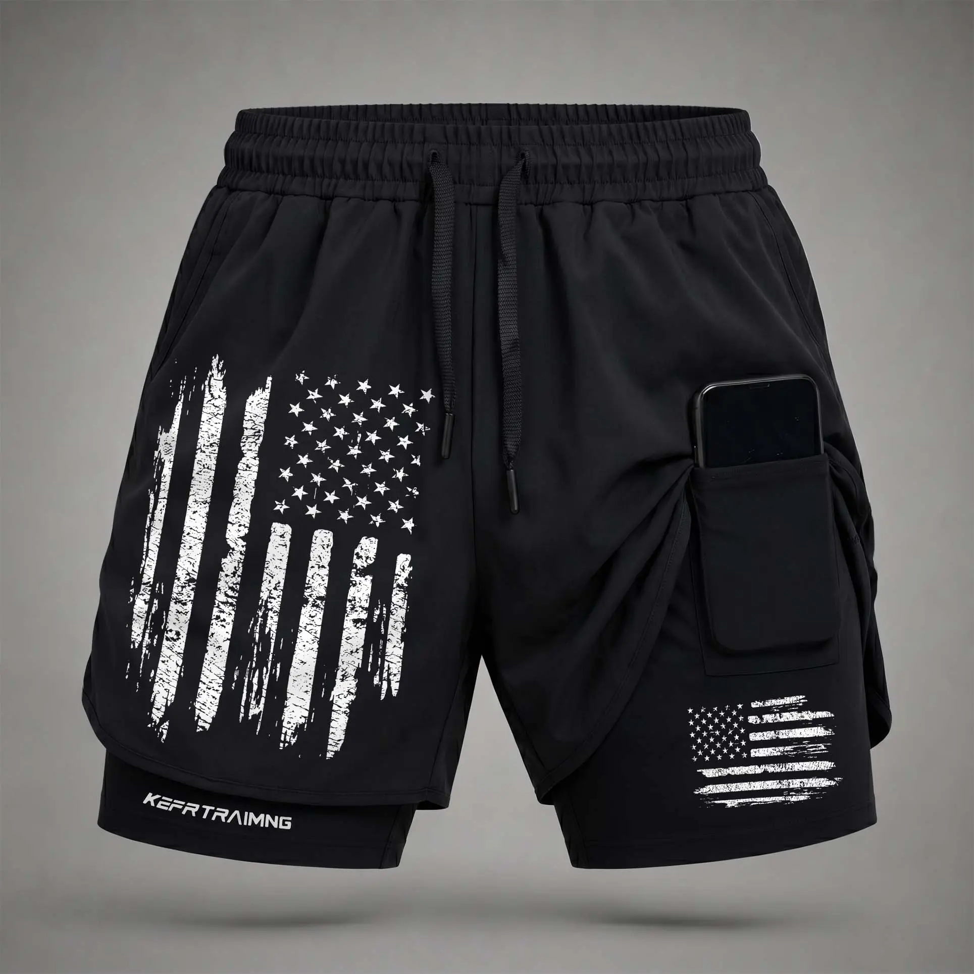 Men’s “Distressed American Flag” Graphic Print 2-in-1 Athletic Shorts, Built-in Compression Liner, Secure Inner Phone Pocket, Elastic Drawstring Waist, Quick-Dry Gym Running Training Shorts for Summer Daily Wear