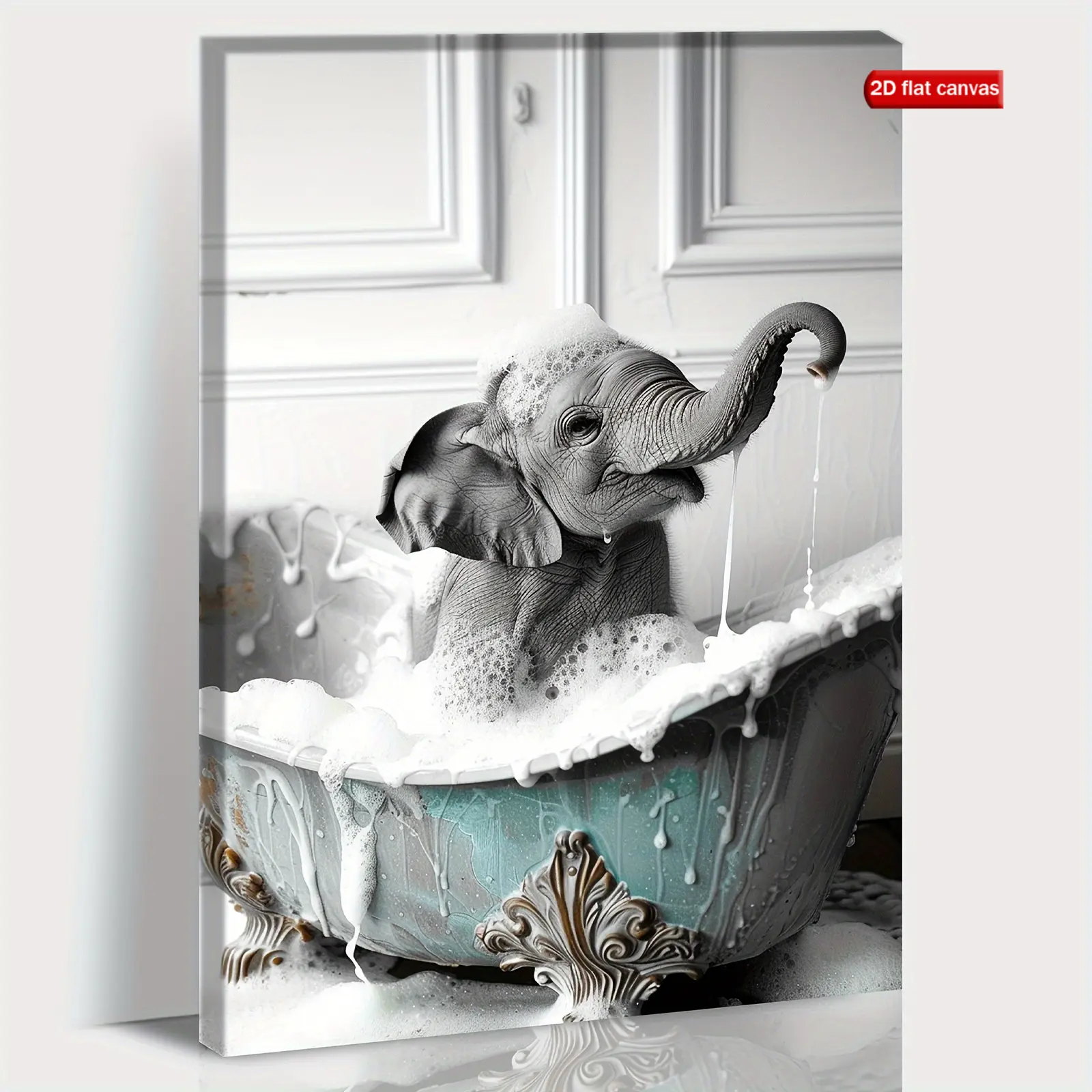 2D Flat, 1pc Baby Elephant Bubble Bath Wall Art Framed Canvas Painting - Decor Suitable for &, Rhyme Theme, Modern Room Decor for Bedroom, Living Room, Bathroom, Luxury Baby Shower Gift, Wrap-Around Frame, 2D Flat