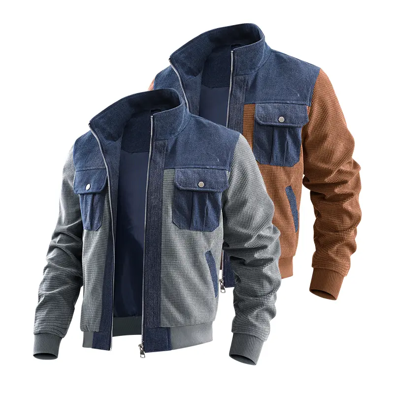 Men's Color Block Patchwork Jacket Stand Collar Full Zip Outerwear Rugged Workwear Waffle Knit Casual Coat Long Sleeve Multi Pocket Design Fall Winter Essential Daily Wear Trendy Men's Fashion Vintage Aesthetic Streetwear Basic Wardrobe Clothing 2-Colors