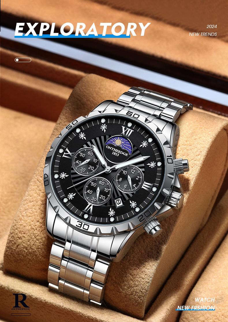 Men's Luxury Moon Phase Quartz Watch - Stainless Steel Wristwatch with Date, Chronograph Subdials, Diamond Markers, Luminous Hands, Classic Business Dress Watch for Men, Perfect Gift for Husband Dad