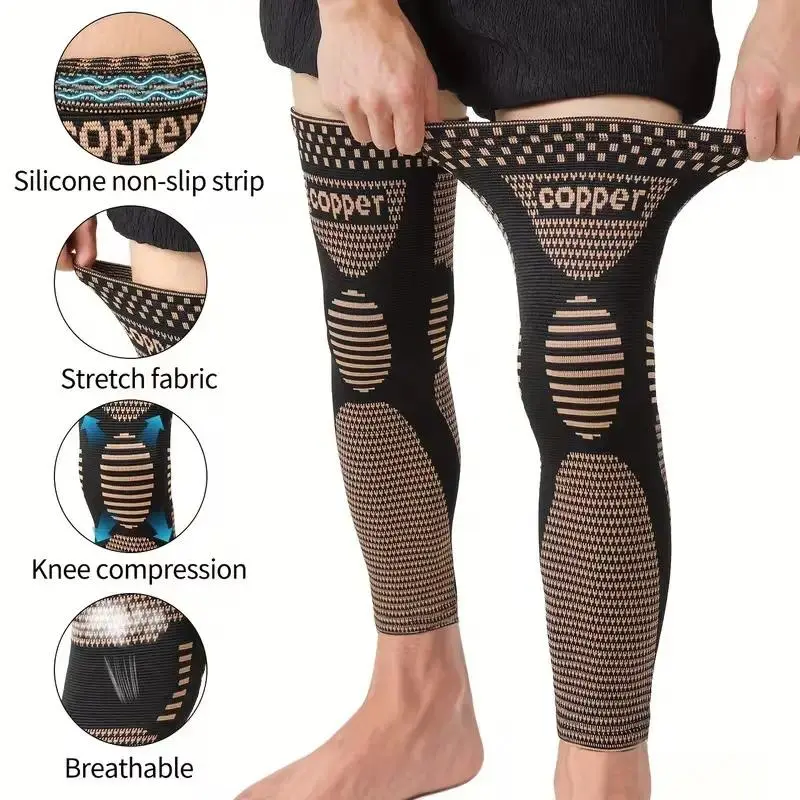 HOXEZU 2-Pack Unisex Copper Blend Knee Compression Wrap, Knit Full Leg Sleeves with Non-Slip Support for Walking, Skiing & Daily Wear, Sports Sleeves, Decompression, Warm, Sport Protection, Stays Put Straps, Compression Sleeve Leg