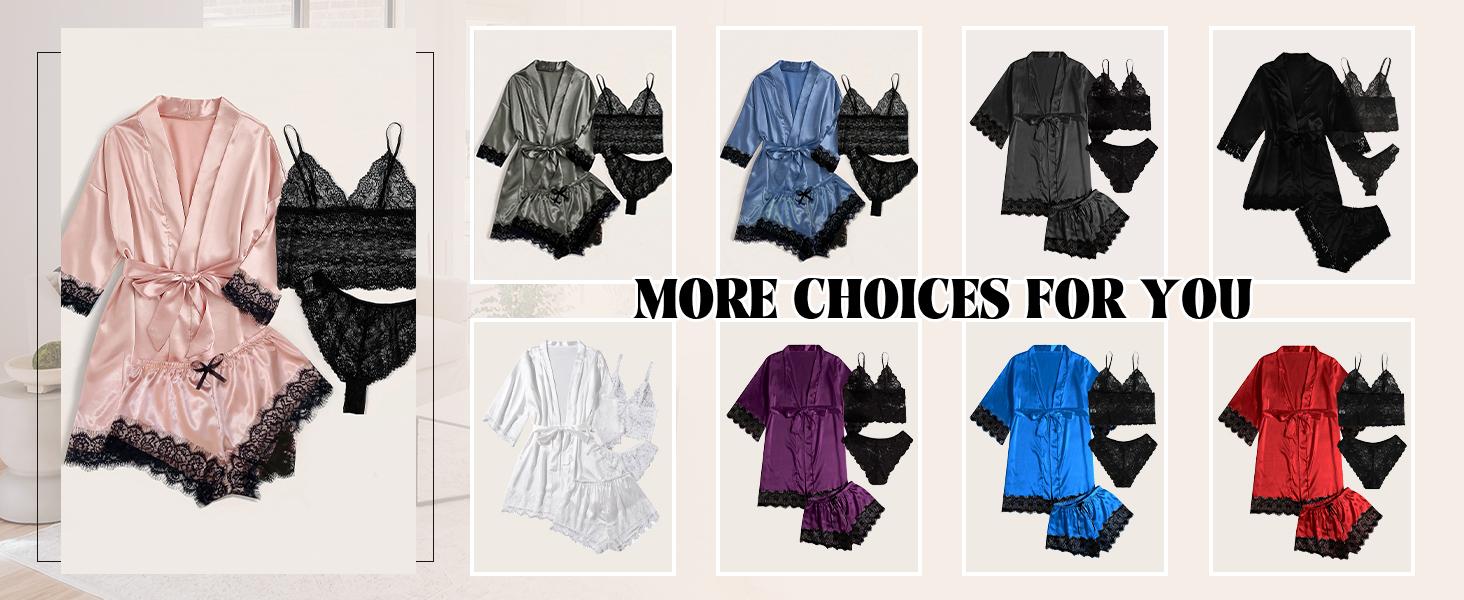 Women's 4-Piece Silk Satin Bridal Honeymoon Sleepwear Set, Floral Lace Cami with Robe