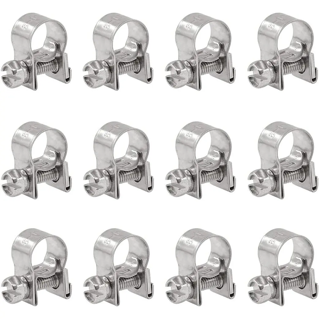 12 count Stainless Steel Mini  Injection Hose Clamps Adjustable Pipe Hose Clip Tube Clamps  Kit (8-10mm)