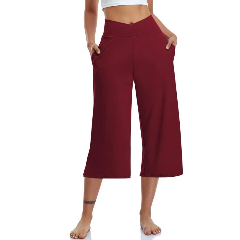 Women  Elastic High Waist 3/4 Pant Casual Active  Fit Wide Capris Leg Pants Trousers With Pockets Pants for Women Womens Pants Girl Fashion Blue Red