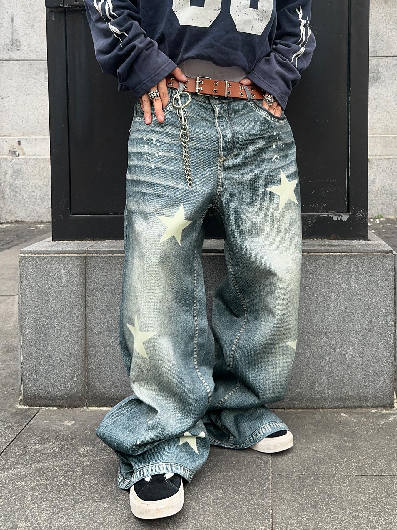 Men's Star Patched Denim Effect Print Pocket Wide Leg Pants, Loose Street Fashion Casual Pants for Daily Wear, Men's Bottoms for All Seasons, Casual Comfy Pants, Star Print Pants, Ripped Streetwear