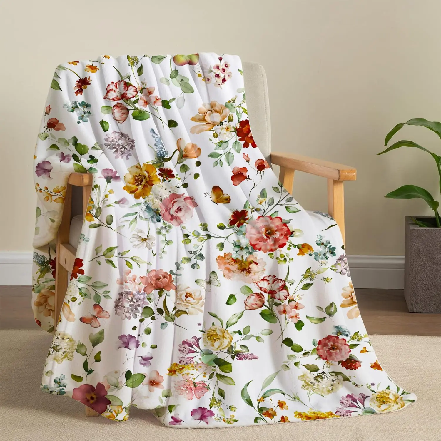 Watercolor Flowers Throw Blanket Botanical Floral Throw Blanket Ultra Soft Flannel Fleece Bed Blanket Cozy Fuzzy Plush Couch Cover Lightweight Wildflowers Plants Blanket for Sofa Bed 50" X 60"