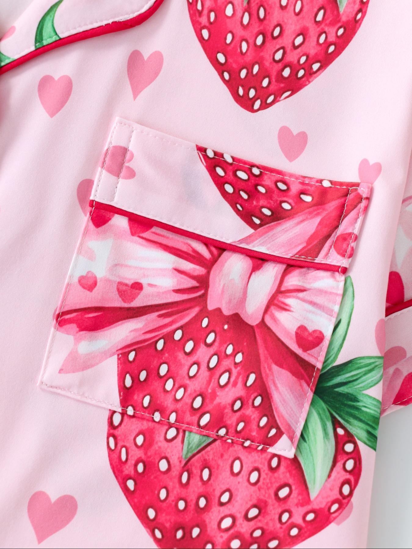 Women's Strawberry & Heart Print Lapel Neck Shirt & Shorts Pyjama Two-piece Set, Ladies Sleepwear for All Seasons, Pajama Set, Loungewear