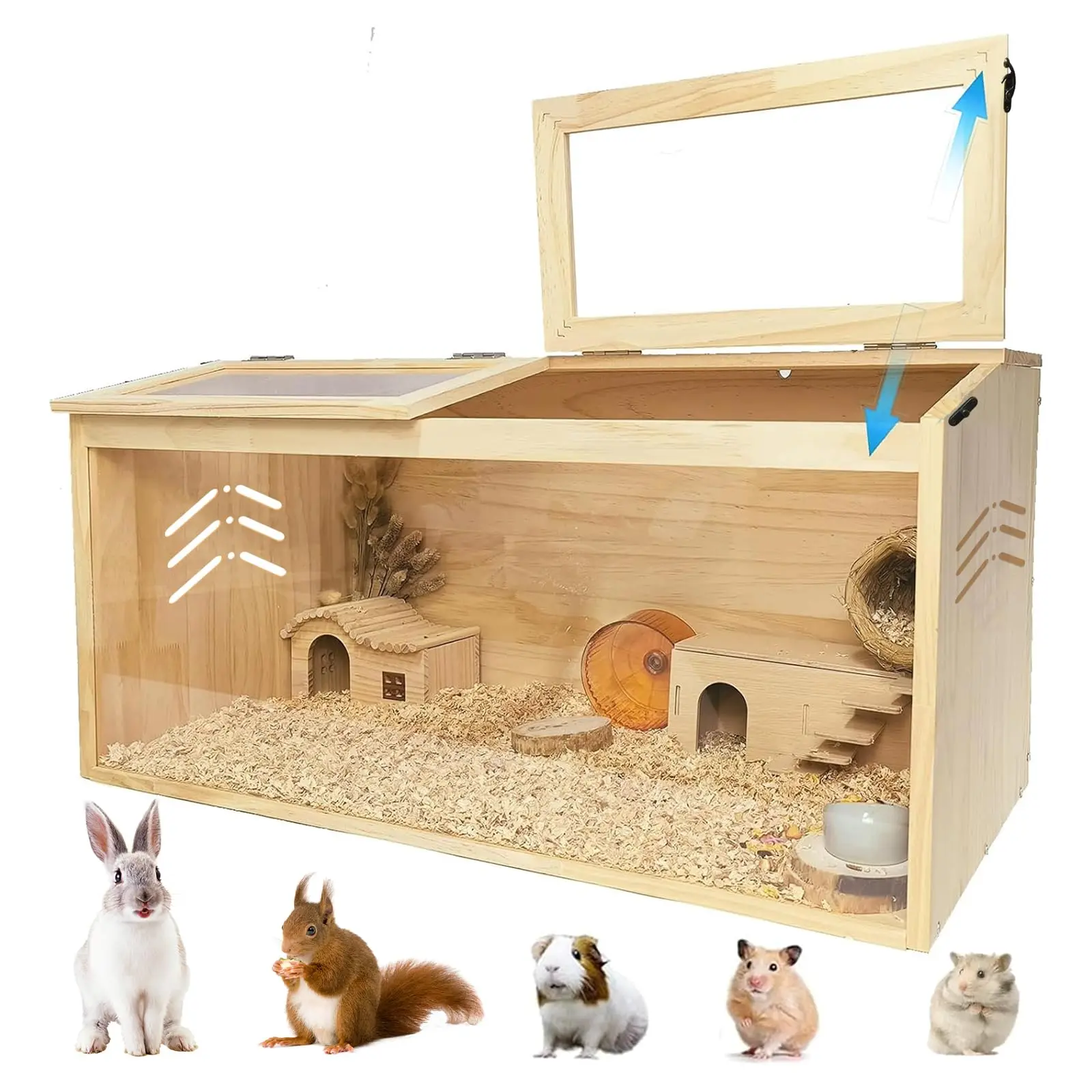 Hamster Cage, Chewproof Wooden Guinea Pig Cages, Mice and Rat Habitat with Openable Top & Transparent Acrylic Sheets